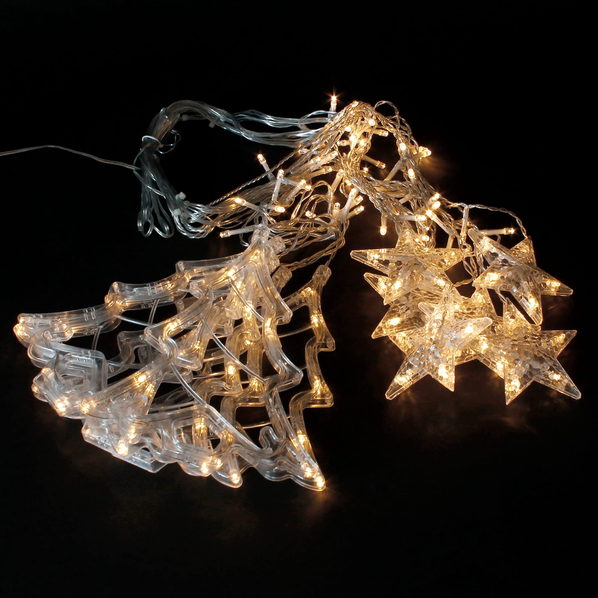 ECD Germany Kurtyna swietlna LED 220 cm ze 138 diodami LED cieply bialy, choinki i gwiazdy, 8 funkcji, dekoracja swiateczna okna do wewnatrz/na zewnatrz, lancuch swietlny swiateczny oswietlenie