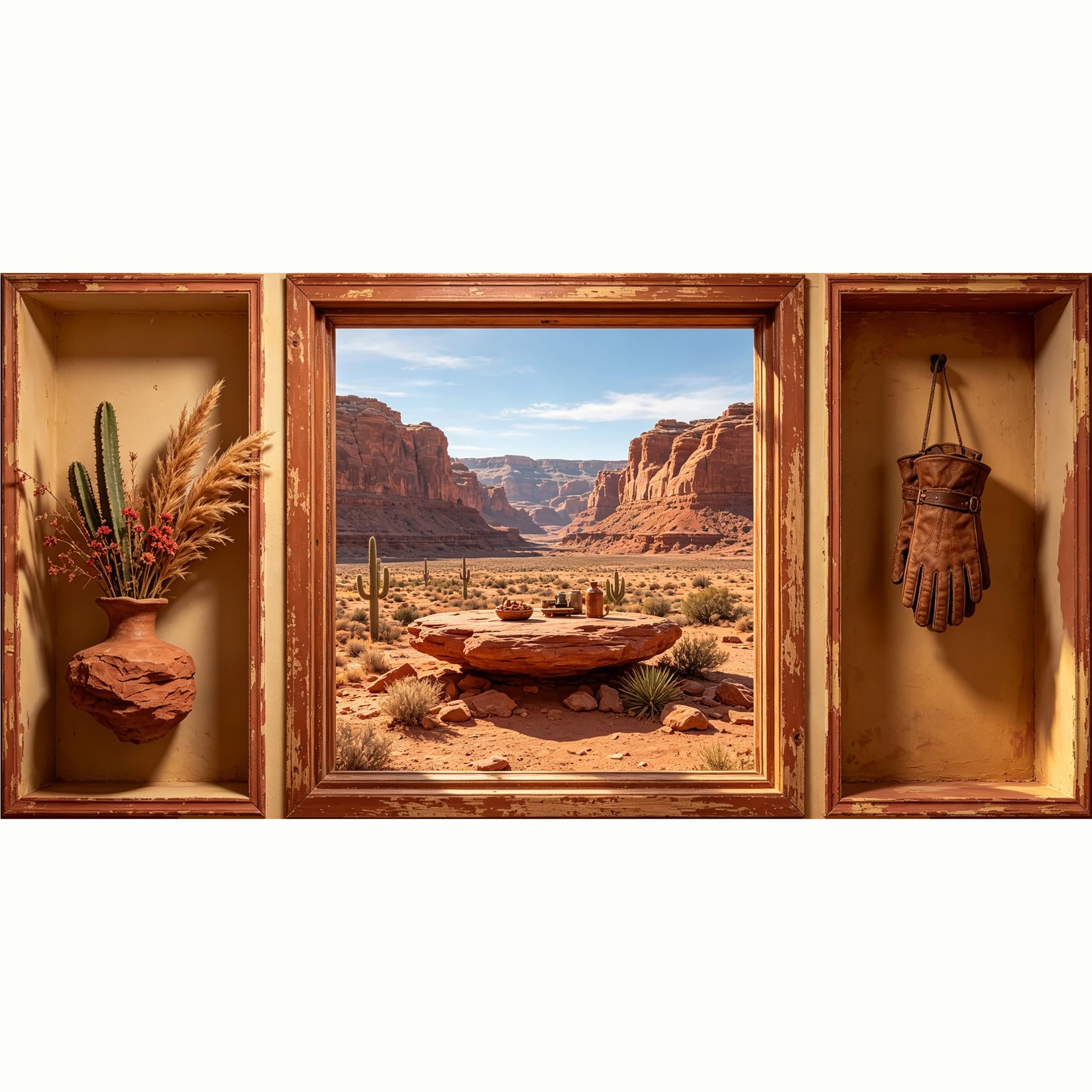 QZLITHOTIC 50x100cm 3D Framed Wall Art， Western Desert Canyon Window View Self‑Adhesive Mural， Water‑Activated Peel & Stick Fabric Decor Wall Decal for Bedroom Living Room