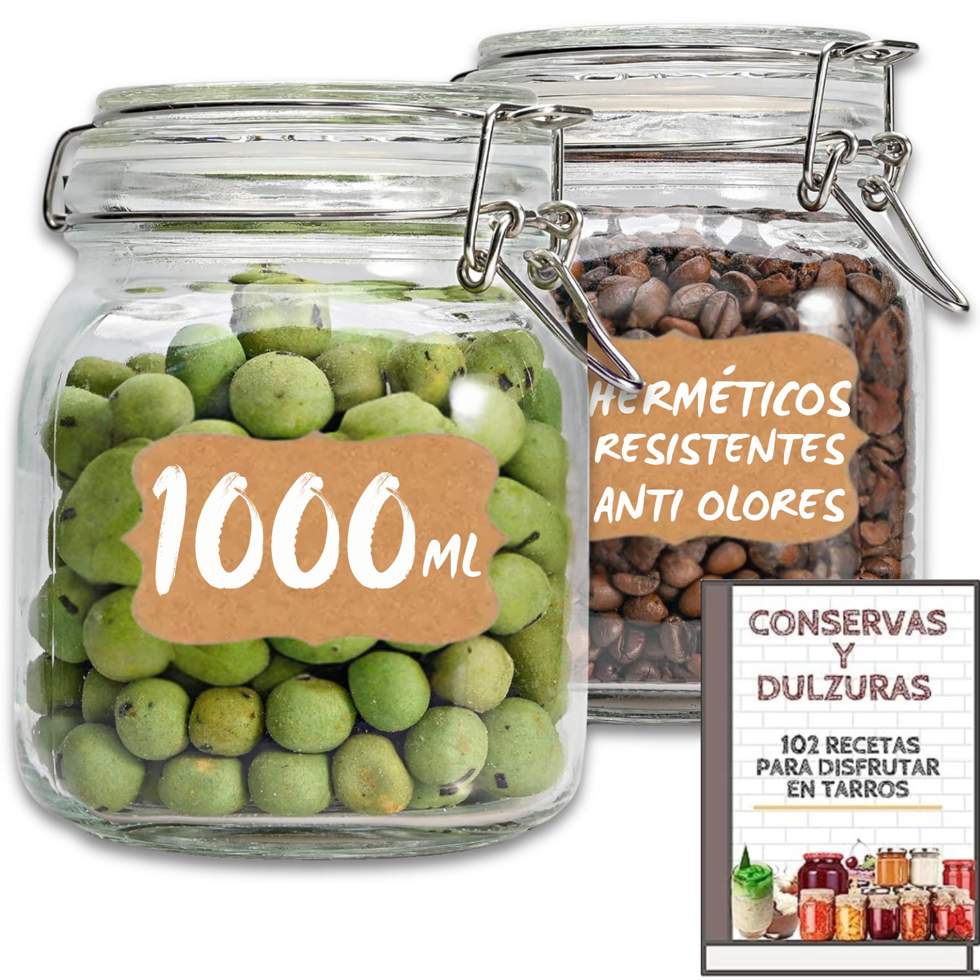 12 Tarros de Cristal Herméticos 1 litro - Con Etiquetas + Ebook de 102 Recetas - Tarros para Conservas, Mermelada, Encurtidos, Fermentar - Vidrio Resistente (12)