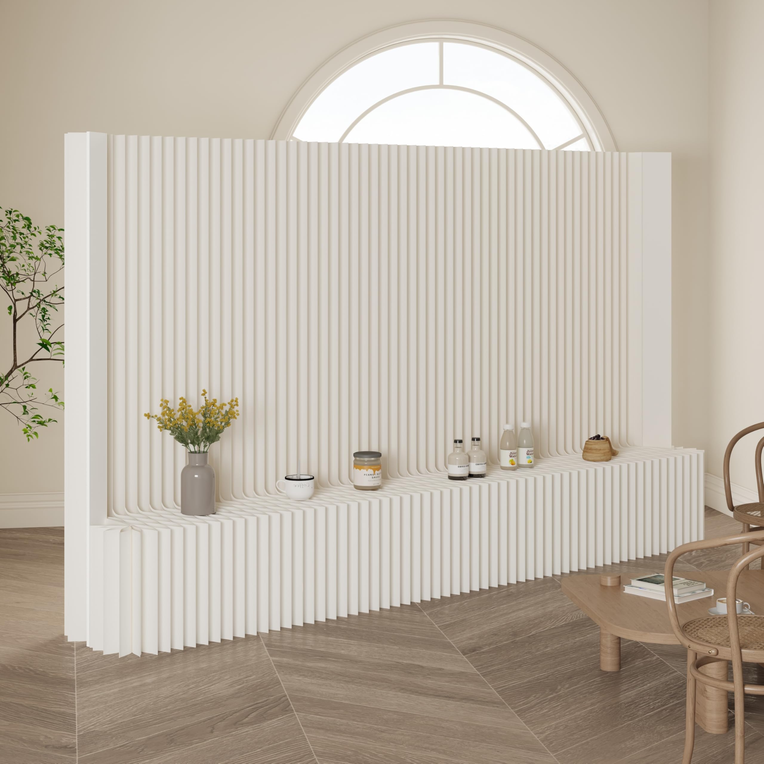 Faltbarer Raumteiler mit Ablageregal Flexibel Sichtschutz Trennwand, Ideal für Büro, Wohnzimmer, Geschäfte Wohnzimmer, Schlafzimmer, Balkon(Weiß) (L300 x B43 x H200 cm)