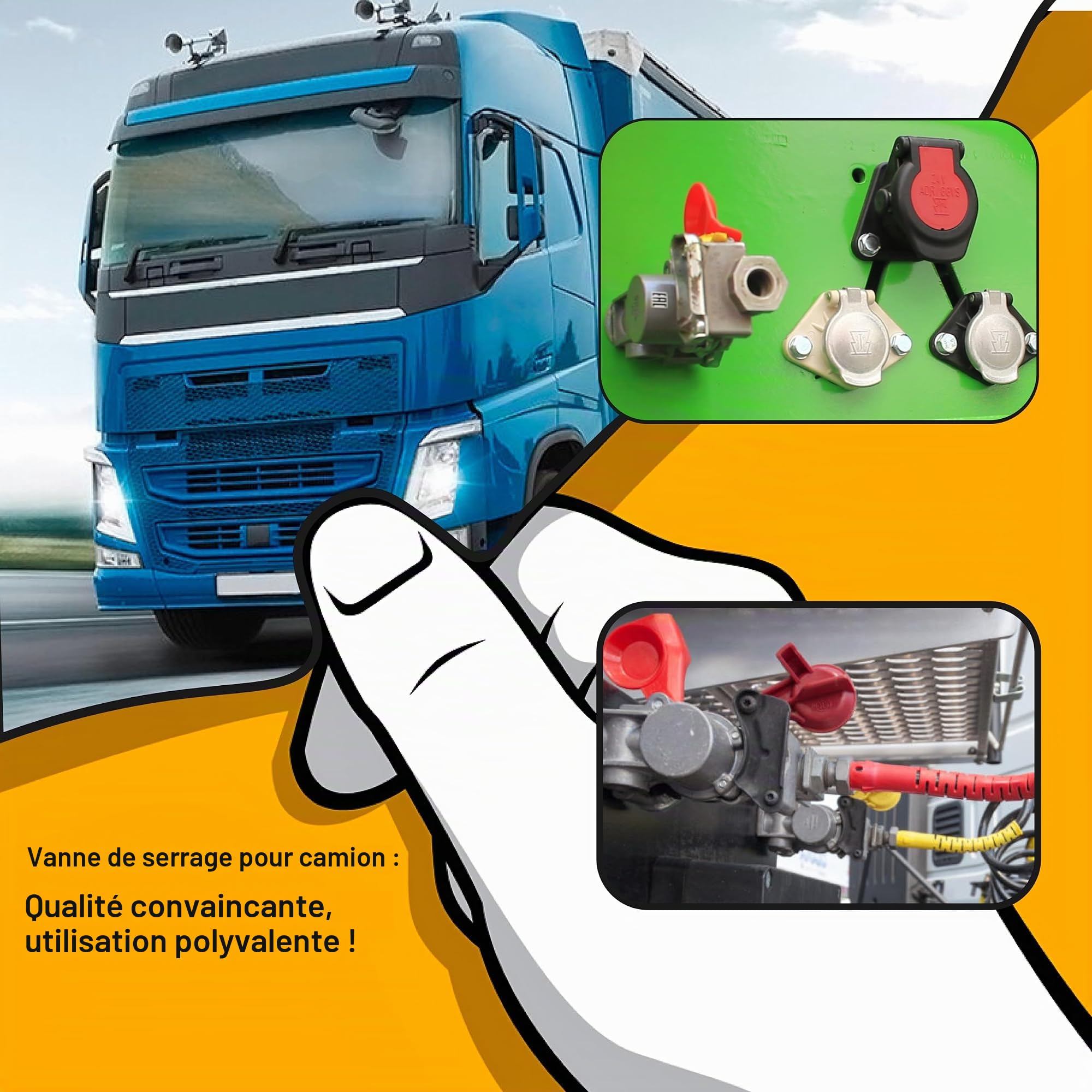 Tête à air comprimé M16 x 1,5 rouge/jaune avec kit de valve et bouchon anti-poussière - Compatible avec les camions