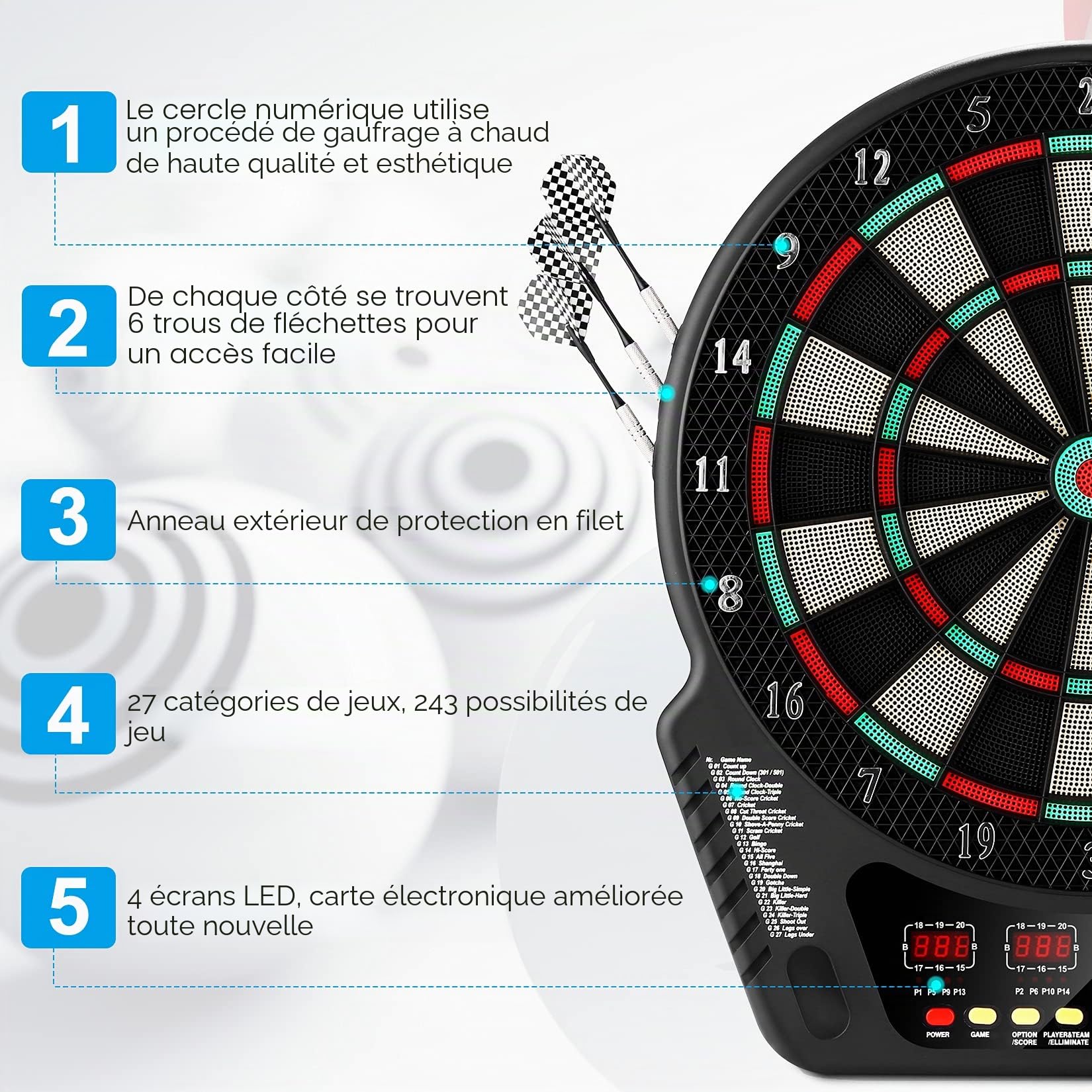 FB-32 Cible de fléchettes électronique Professionnelle avec 4 écrans LCD et 6 fléchettes et 24 têtes de flèches 27 Jeux avec 243 Options de Jeu pour 16 Joueurs