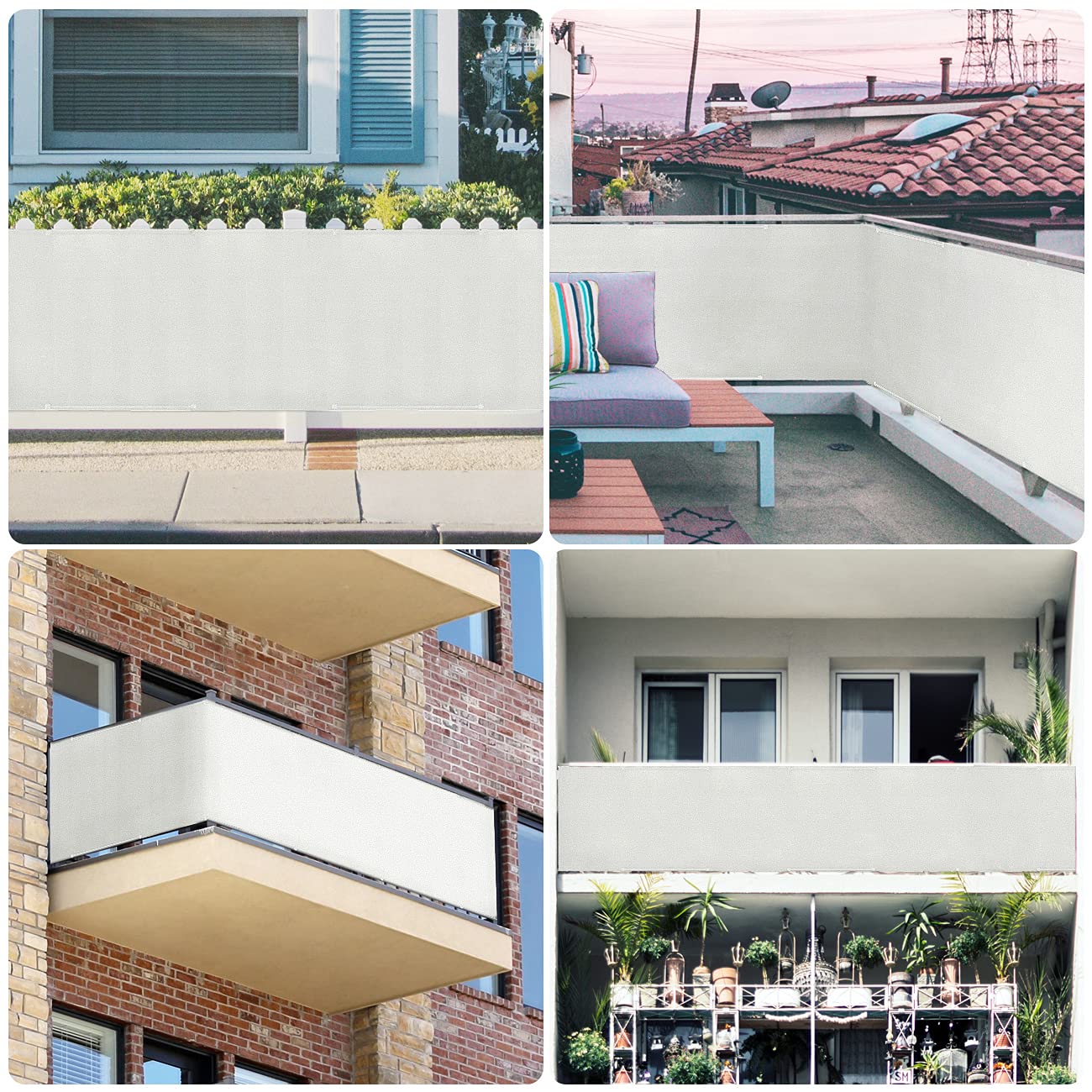 Sekey Balkon Sichtschutz Balkonabdeckung Balkonverkleidung blickdichte Wind- und UV-Schutz, 100% Privatsphäre, mit Ösen, Nylon Kabelbinder und Kordel, 90x600cm, Weiß