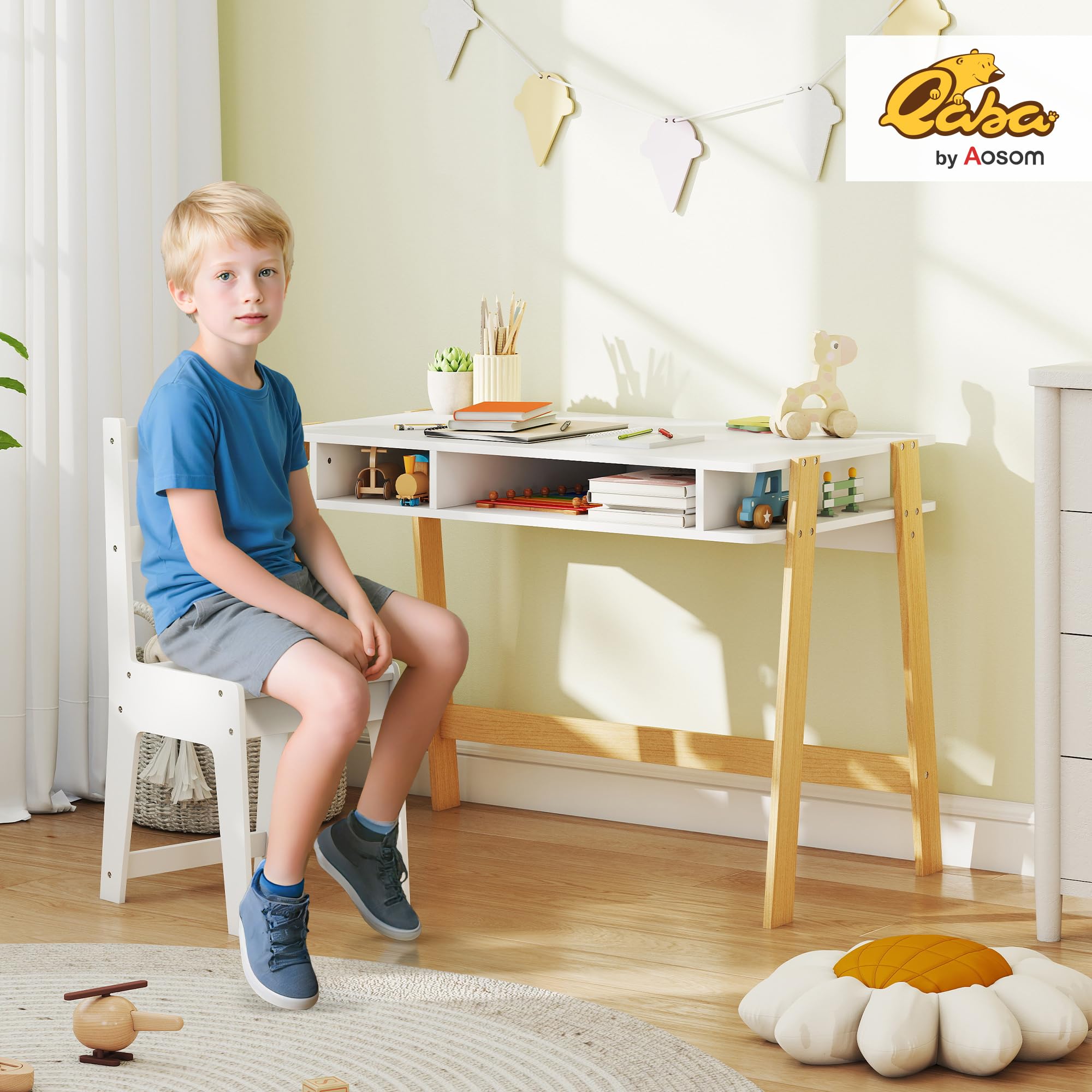 Qaba Kids Desk and Chair Set, Kids Study Desk and Chair with Storage, Student Writing Table Set for Bedroom, School, Student Writing Table for Boy Girl Ages 3-12, White