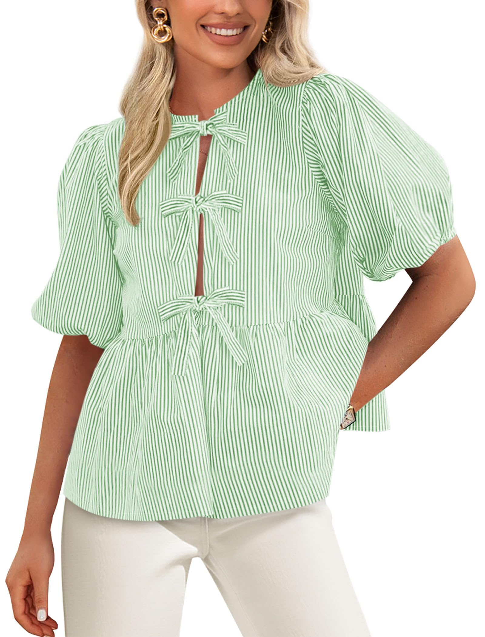 Small  Women's Tie Front Striped Shirt 2025 Summer Trendy Fashion Cute Babydoll Tops Peplum Puffy Sleeve Blouse