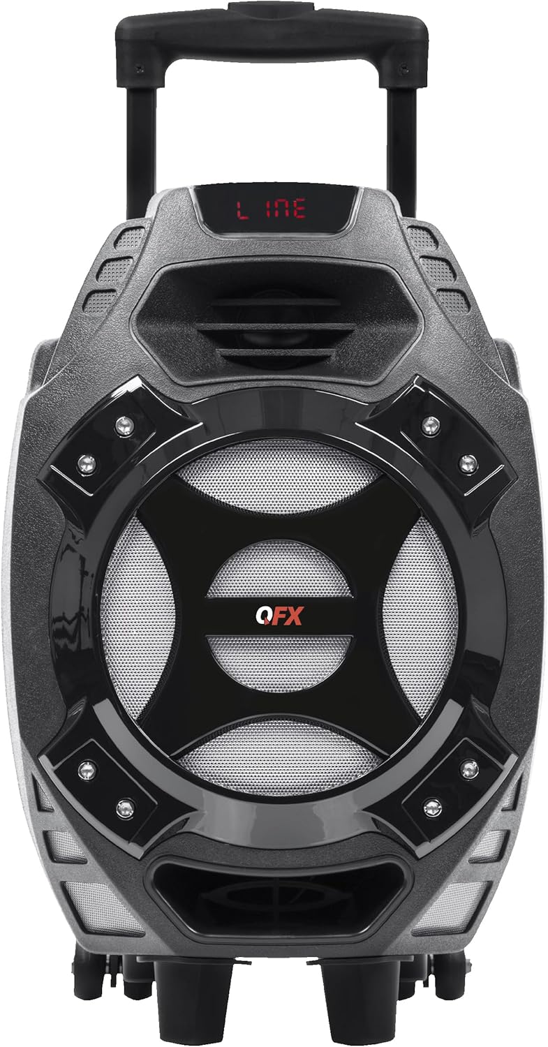 QFX PBX-61081 Rechargeable Portable Speaker | 8″ Woofer | 400 Watts | Bluetooth, AUX, SD Card, FM Radio | Handle, Wheels, 12 Lbs | Perfect for Tailgating, Indoors, Outdoors Audio | Silver