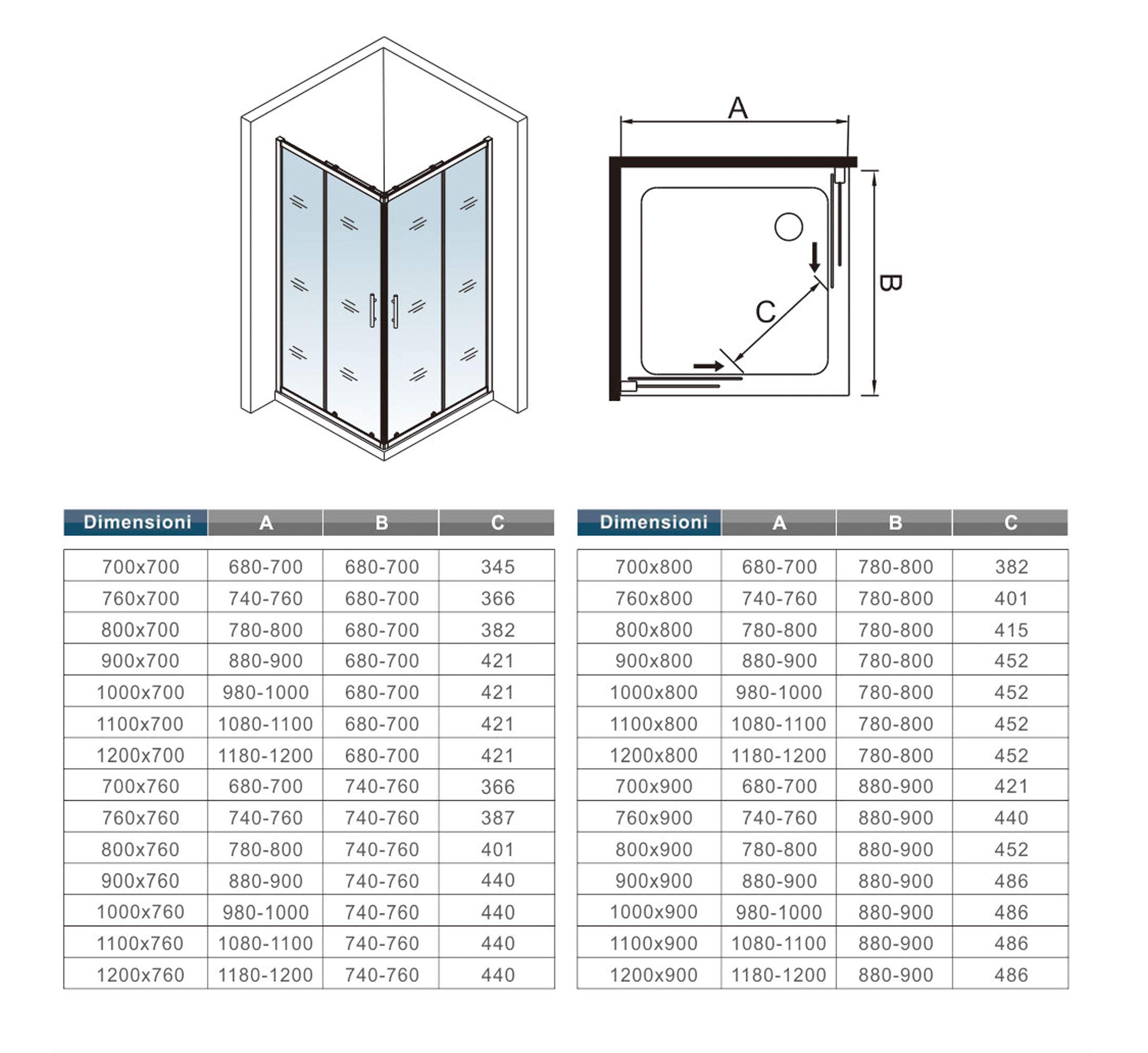 Box di vetro doccia angolare con doppie porte fissi e mobili scorrevoli che si aprono 70x90cm