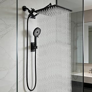 12 Inch Shower Head, Rain Shower Head with Adustable Extension Arm, Detachable Matte Black Rina Shower Head with Handheld Spray, High Pressure Shower Hose with Holder in Bathroom(Black)