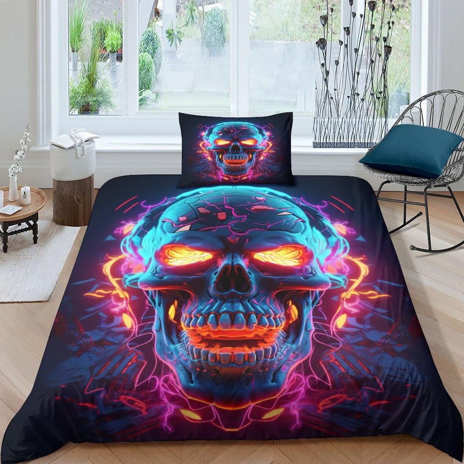 Housse de couette crânes colorés 135x200 élégante parure lit zippée