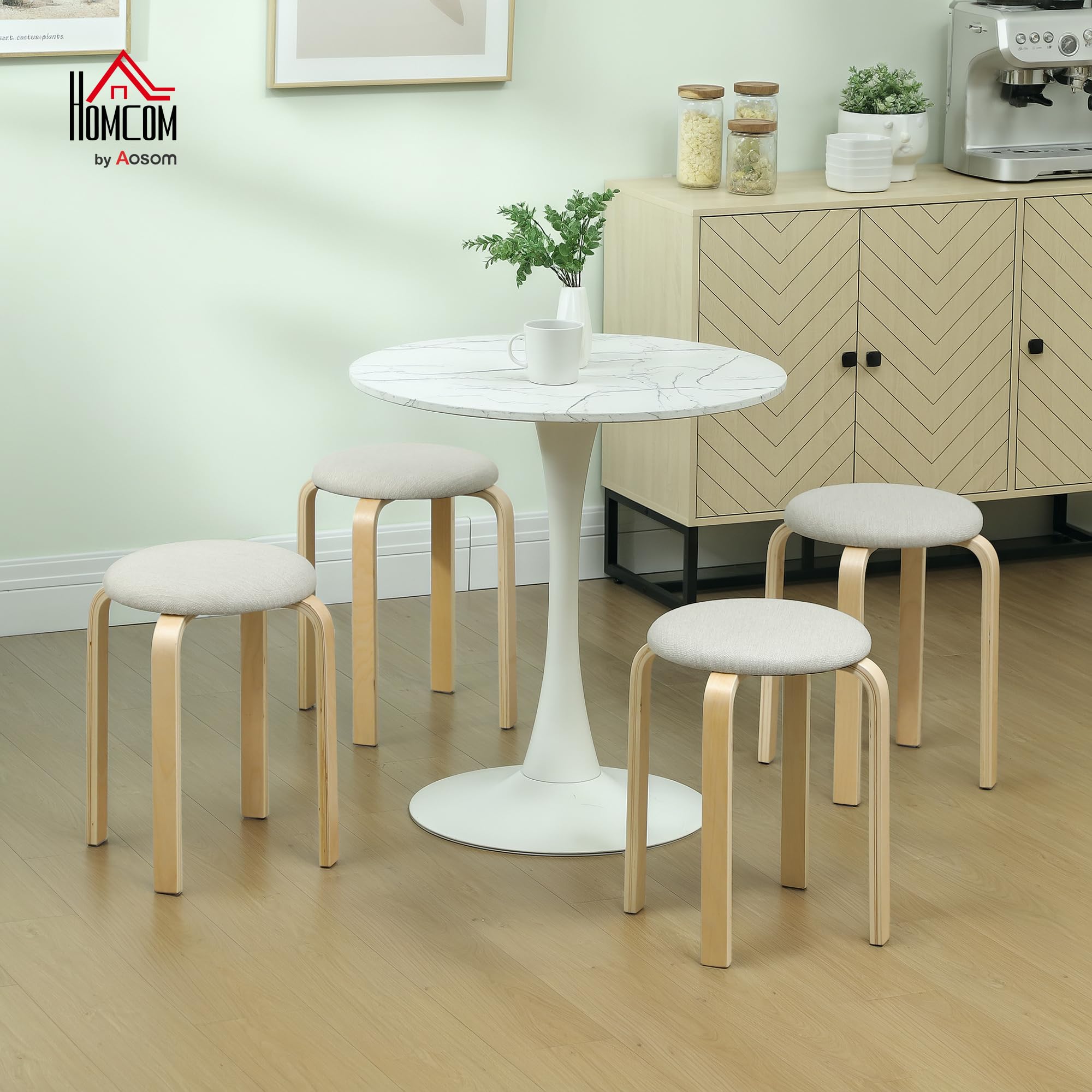 HOMCOM Esszimmerhocker 4er Set Stapelhocker für Esszimmer Cremeweiß | Aus Birkensperrholz, Hocker mit Leinenoptik, Küchenhocker, Polsterhocker, Wohnzimmer