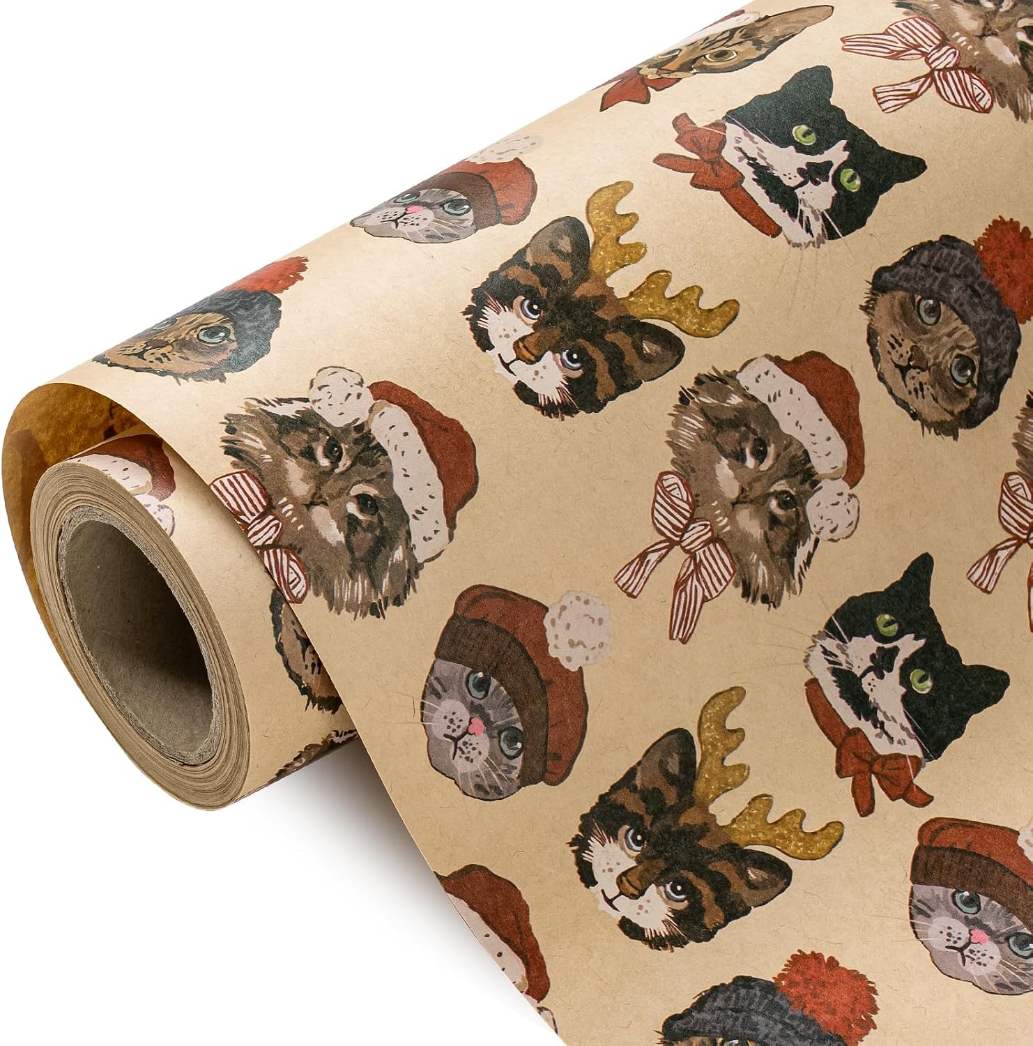 WRAPAHOLIC Kraft Cat Christmas Wrapping Paper - Mini Roll - 17 Inch x 16.5 Feet - Cute Dressed Holiday Pets Cat Wrapping Paper for Pet Lover, Kid Gifts, Christmas Holiday, Winter Season image 3