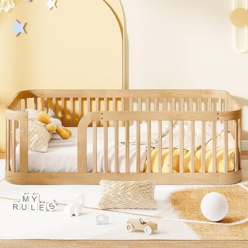 Miniatura 3 de Harper & Bright Designs Cama Montessori de suelo tamaño individual con valla alta para niños, marco de cama individual de madera maciza para niñas y