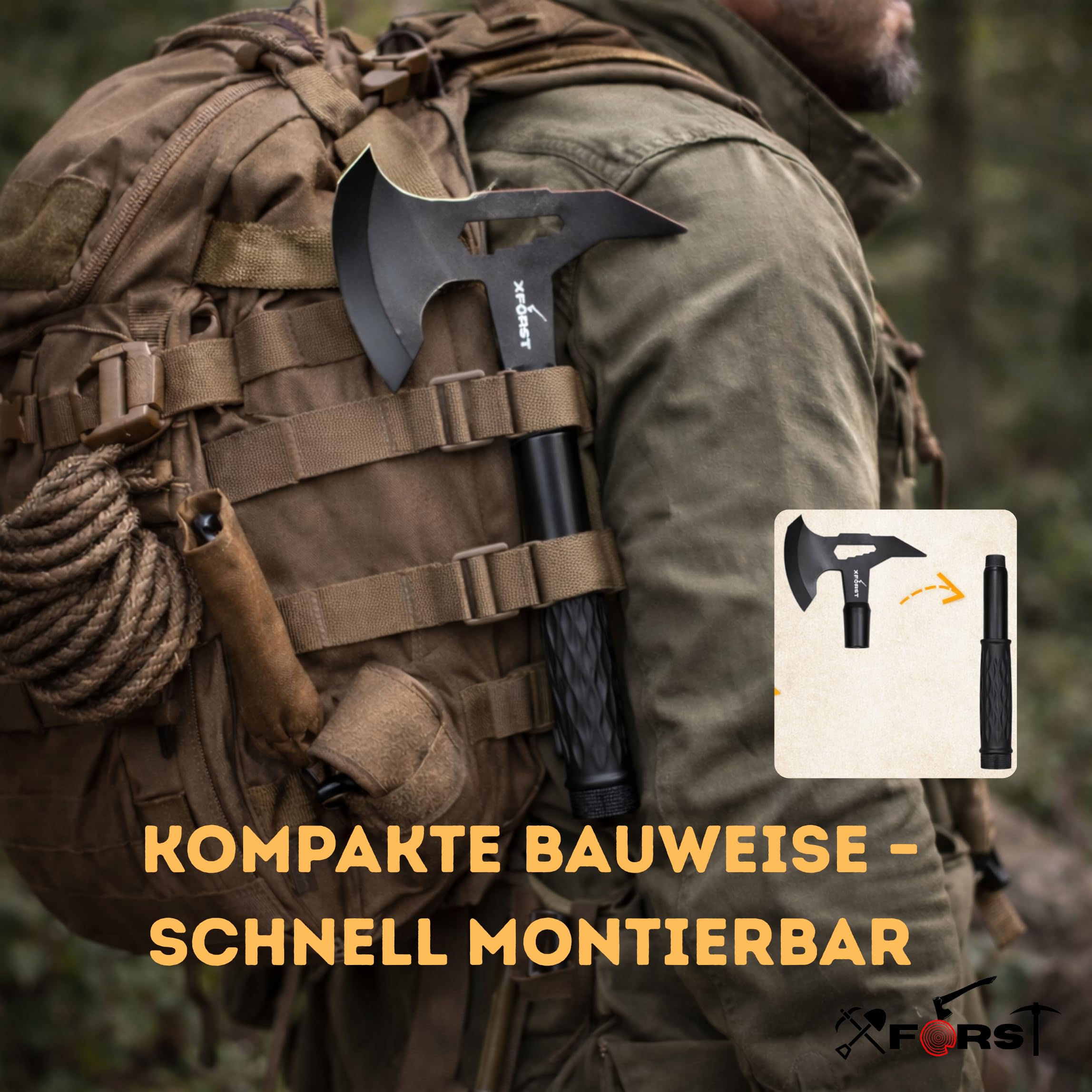 Xforst Hacha de Supervivencia Compacta para Camping, Bushcraft y Exterior, Hoja de Acero al Carbono, Mango Antideslizante con Compartimento, Funda Protectora Incluida, 32 cm y 615 g, X-TM1