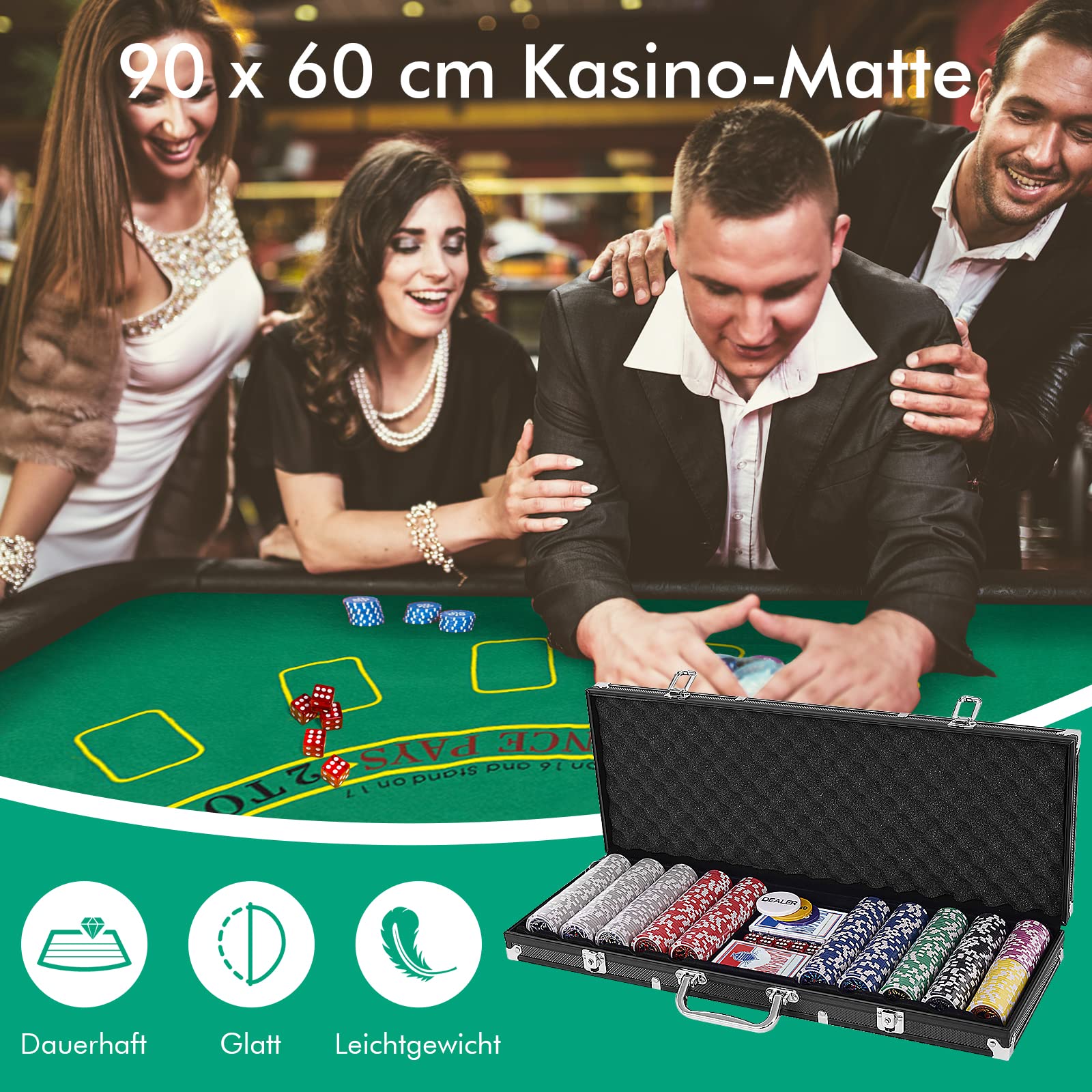 DREAMADE Pokerset mit 500 Laser Pokerchips & Aluminiumkoffer & 2 Kartendecks & 5 Würfel & 3 Dealer Button & Tischtuch, Profi Pokerspiel, Poker Set (Schwarz)