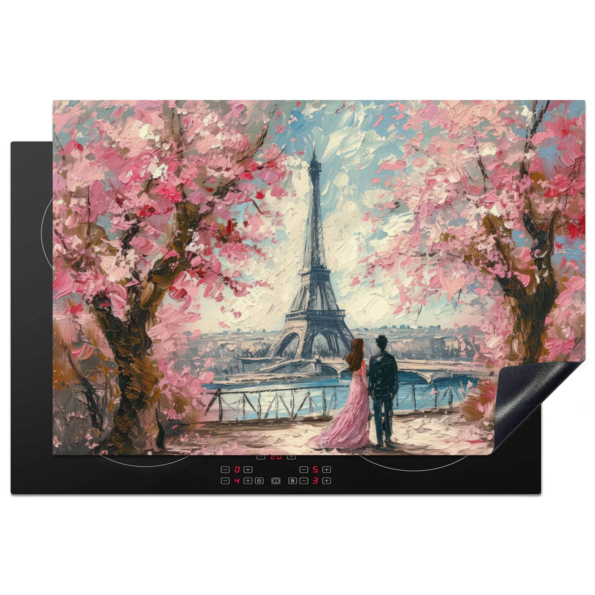 KitchenYeah© Induction Hob Protector Mat 20.5"x30.7" / 78x52 cm Cooker Top Protectors Cover Ceramic Covers Electric Hobs Vinyl Eiffel Tower - Couple - Pink - Romantic - Trees - Paris
