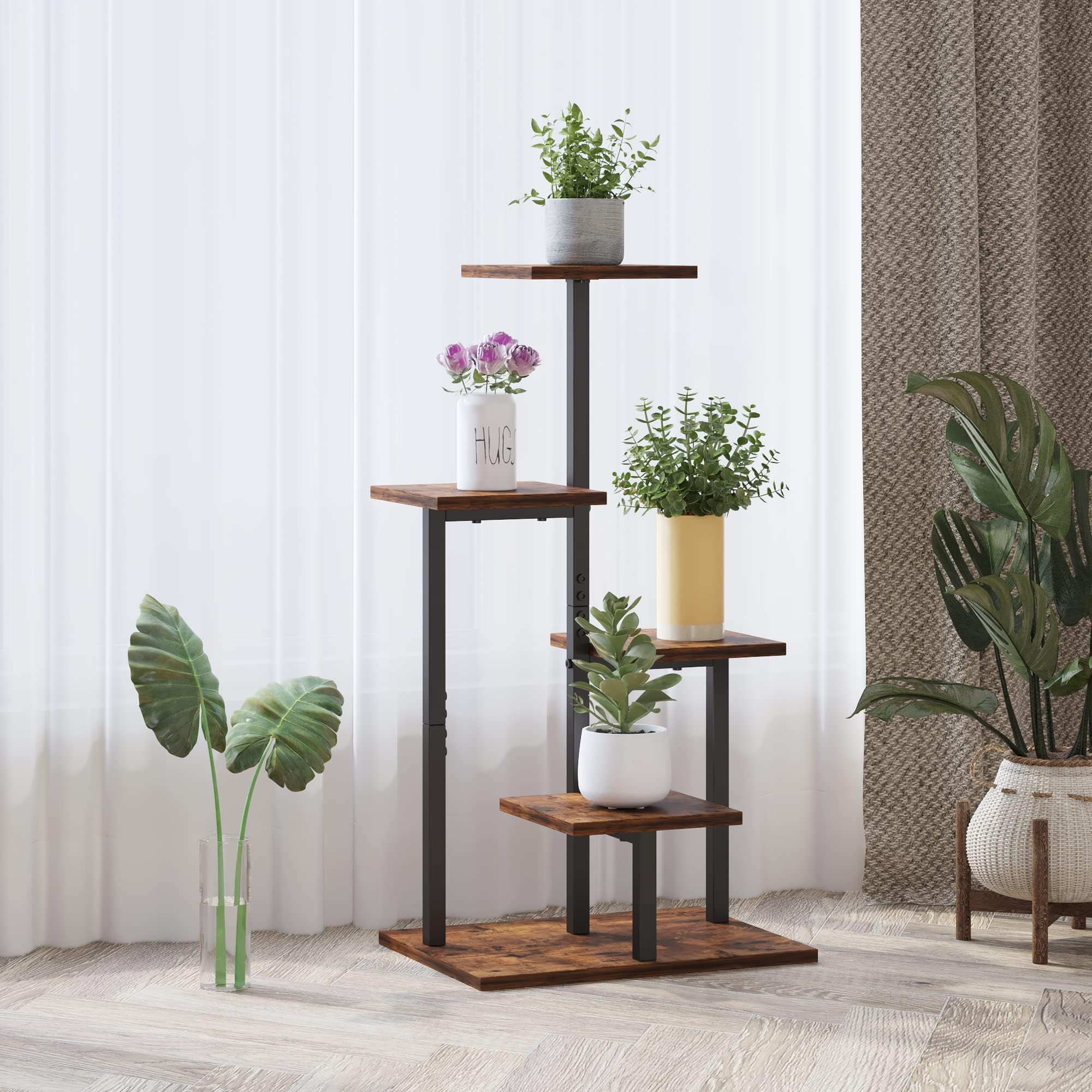 TigerDad 5 Tier Plant Shelf-Metal and Wood Flower Stand for Indoor Plants- Outdoor Garden Multiple Plants Display Rack with 5 Shelfs (Square)