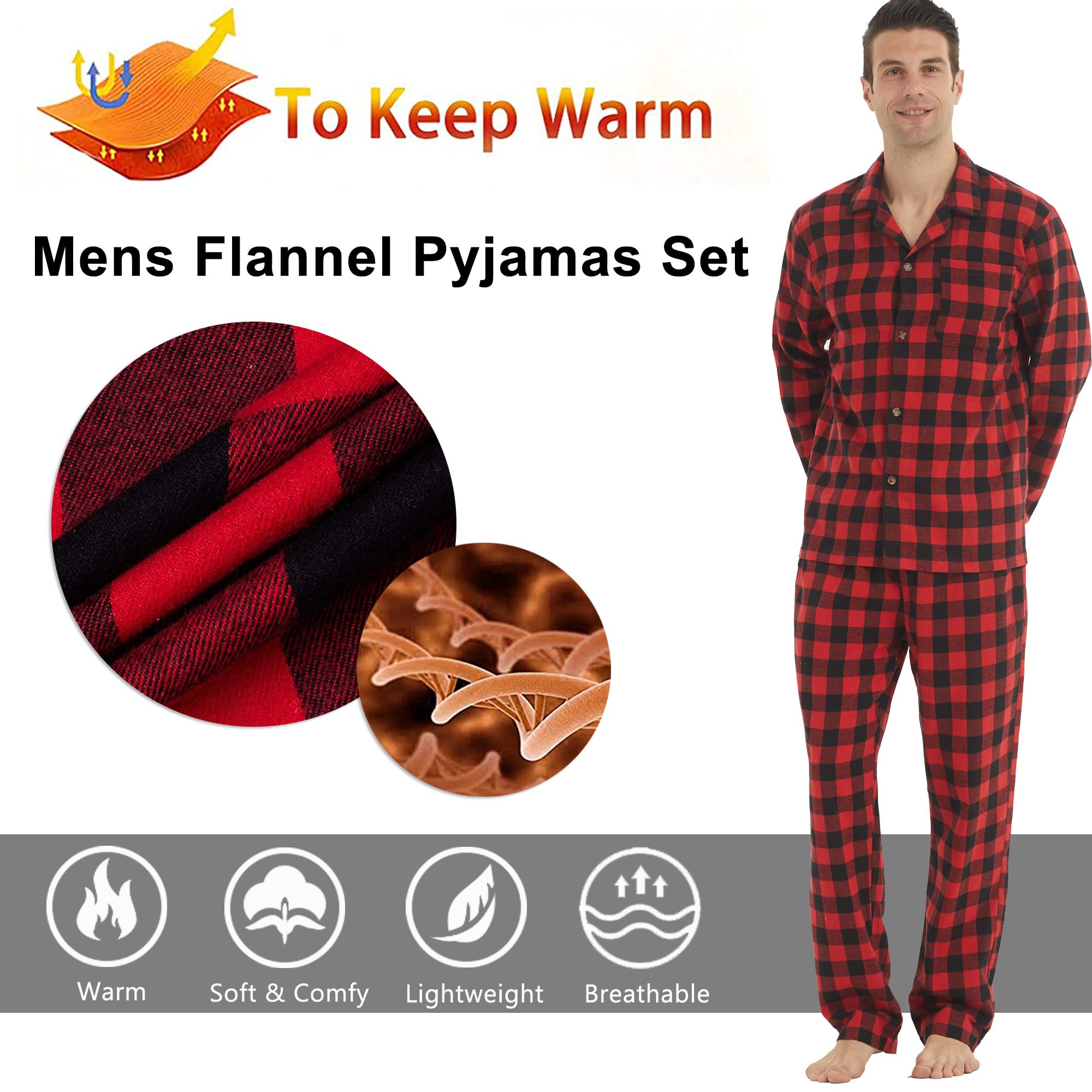 Conjunto de pijama de franela para hombre, de algodón, a cuadros, con bolsillo, manga larga, parte superior e inferior, ropa de dormir suave para invierno