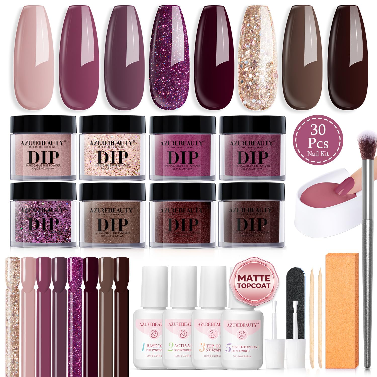 AZUREBEAUTY Dip Powder Nail Kit Starter Glitter Purple Nude Brown 8 Colors 30 Pcs with Nail Swatch Sticks, Dipping Powder Liquid Set Matte Top Coat for Fall Winter Nail Art Manicure Salon DIY Home