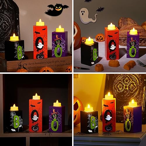 Miniatura 7 de BlcTec Decoraciones de Halloween, 3 portavelas de madera de Halloween con velas de té LED y artesanía de tallado 3D, centros de mesa de madera para