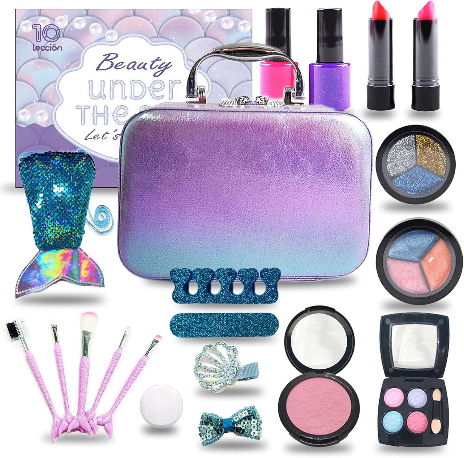 10Leccion Girls Makeup Kit for Kids, Washable Mermaid Makeup, 20Pcs Play Makeup Set for Toddlers，Real & Non Toxic Make Up for Little Girl，Party Gifts for Halloween Christmas Birthday