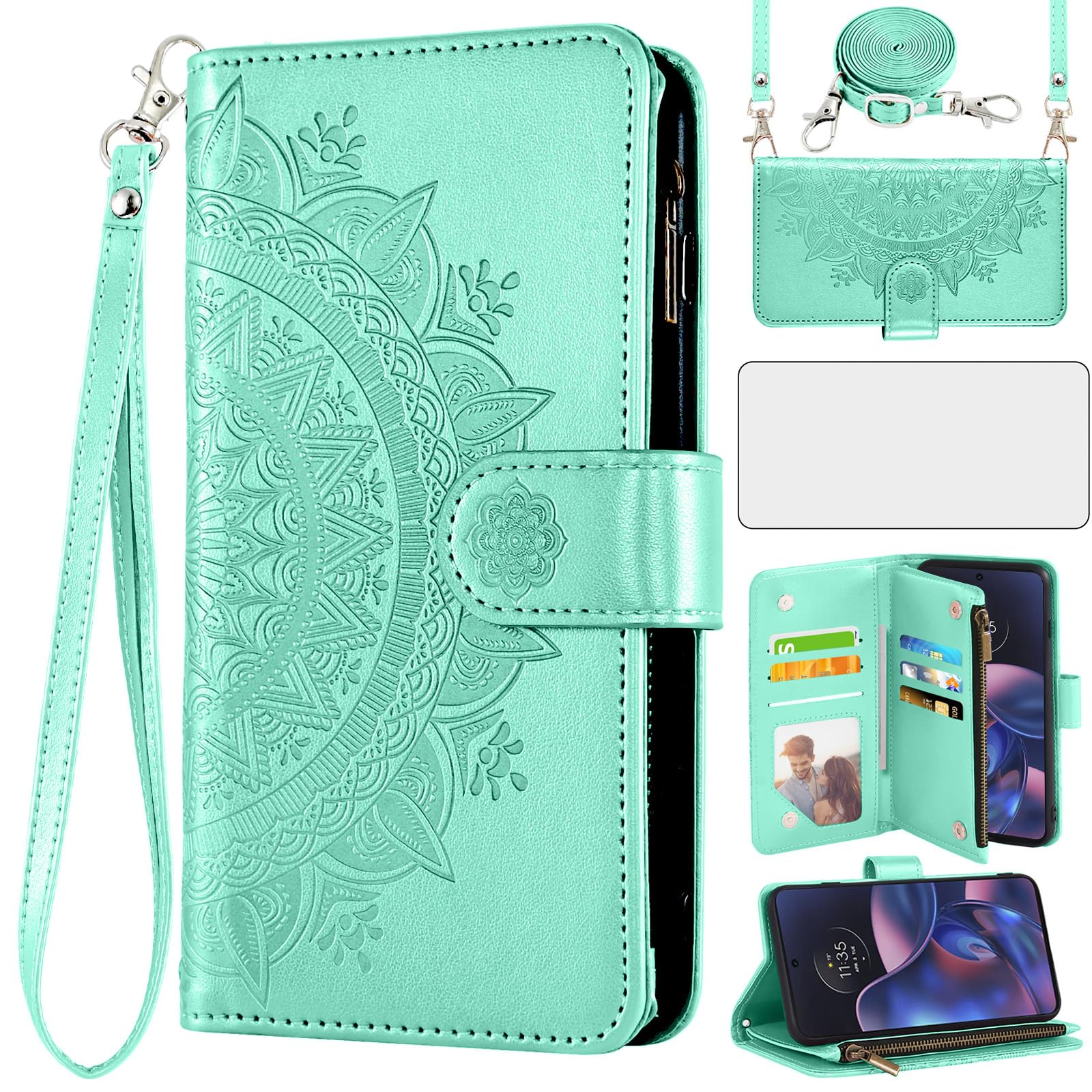 Asuwish Phone Case for Motorola Moto Edge 2022/MotoEdge 5G UW 2022 Wallet Cell Cover with Screen Protector Lanyard Wrist Strap Mandala Flower Zipper