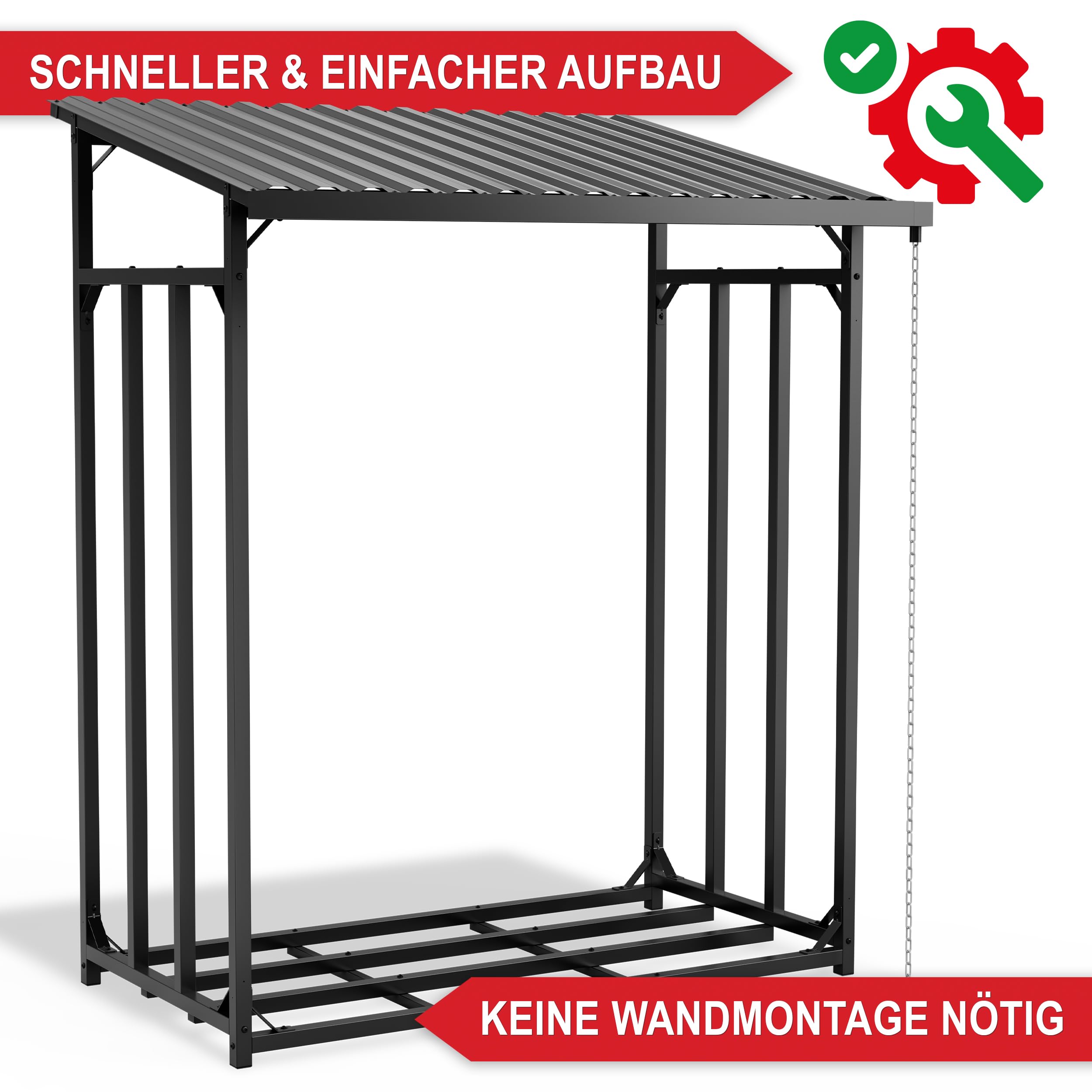 Onbest Brennholzregal mit Dach – Kaminholzregal 185x70x185 cm | Metall-Holzlager für außen mit Regenrinne, Regenkette, Wetterschutz und Stapelhilfe für Kaminholz
