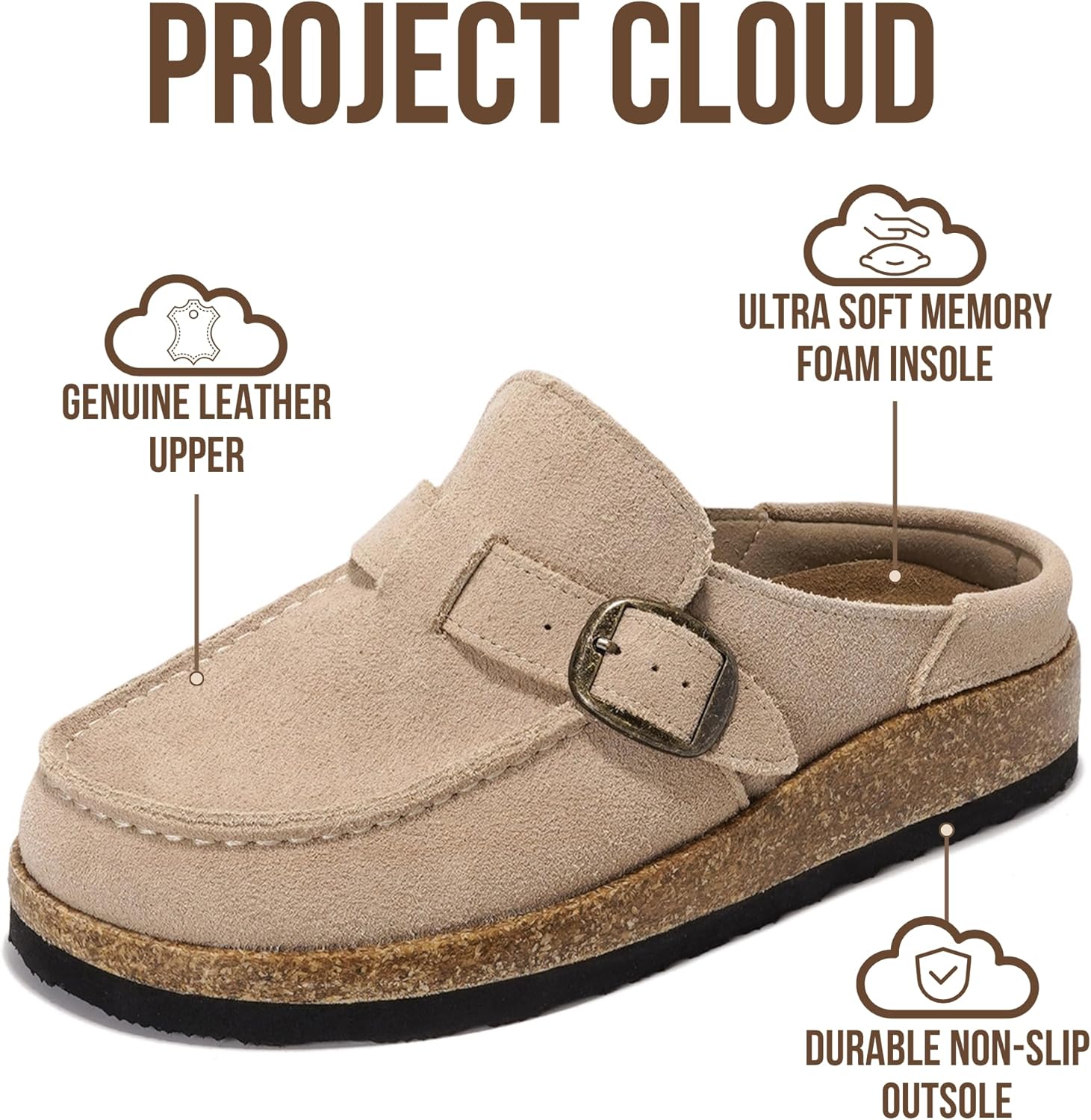 Project Cloud 100% Genuine Leather Moccasin-Style Clogs for Women - Memory Foam and Water Resistant Mules Slip-on - Non-Slip and Durable Clogs Casual Shoes for Women Footwear
