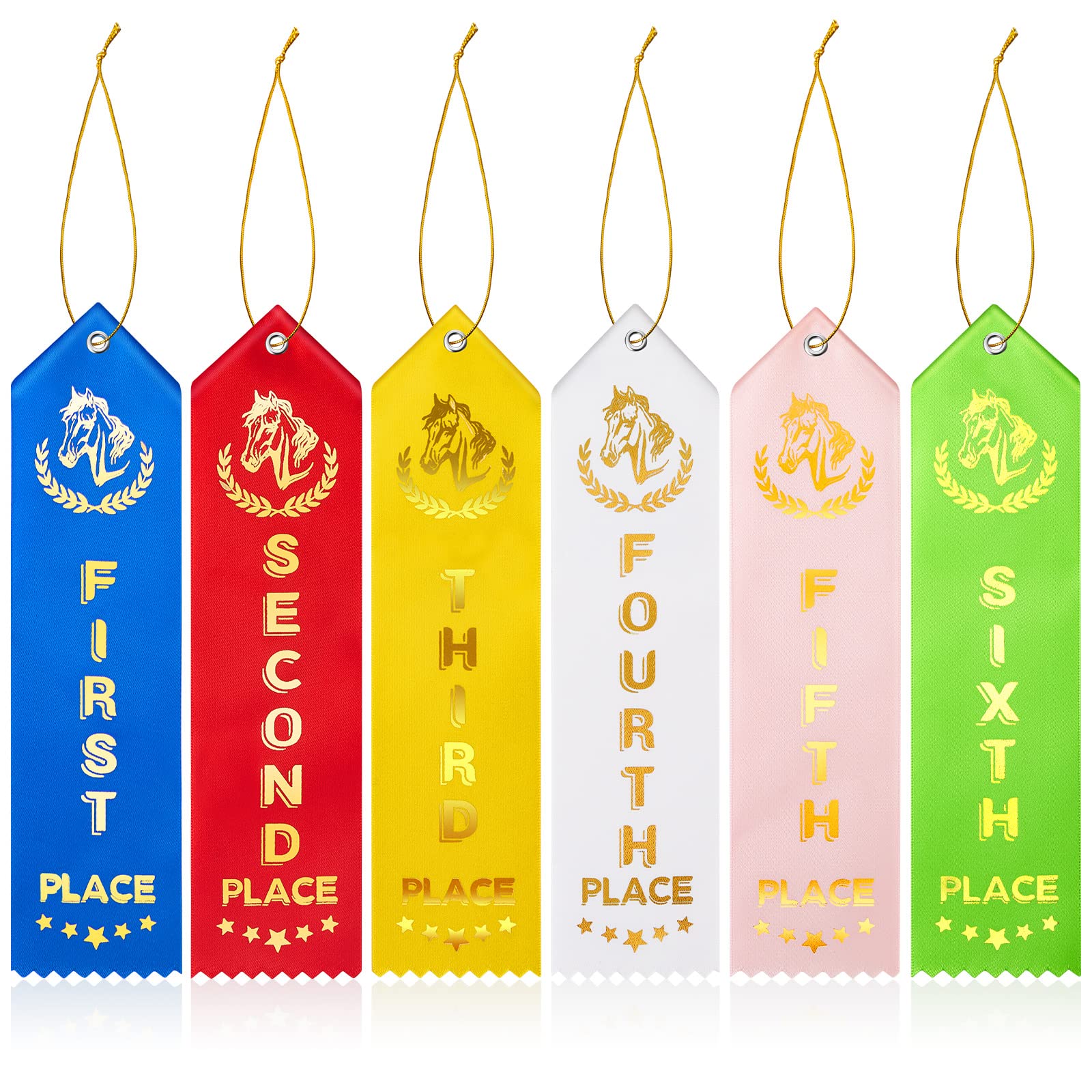 Photo 1 of 150 Pcs Horse Show Award Ribbons, 1st - 6th Place Flat Carded Set, Participation Ribbon with Event Card and Rope, Winner Recognition Ribbons for Competition, Sports Event, Contest Ornaments