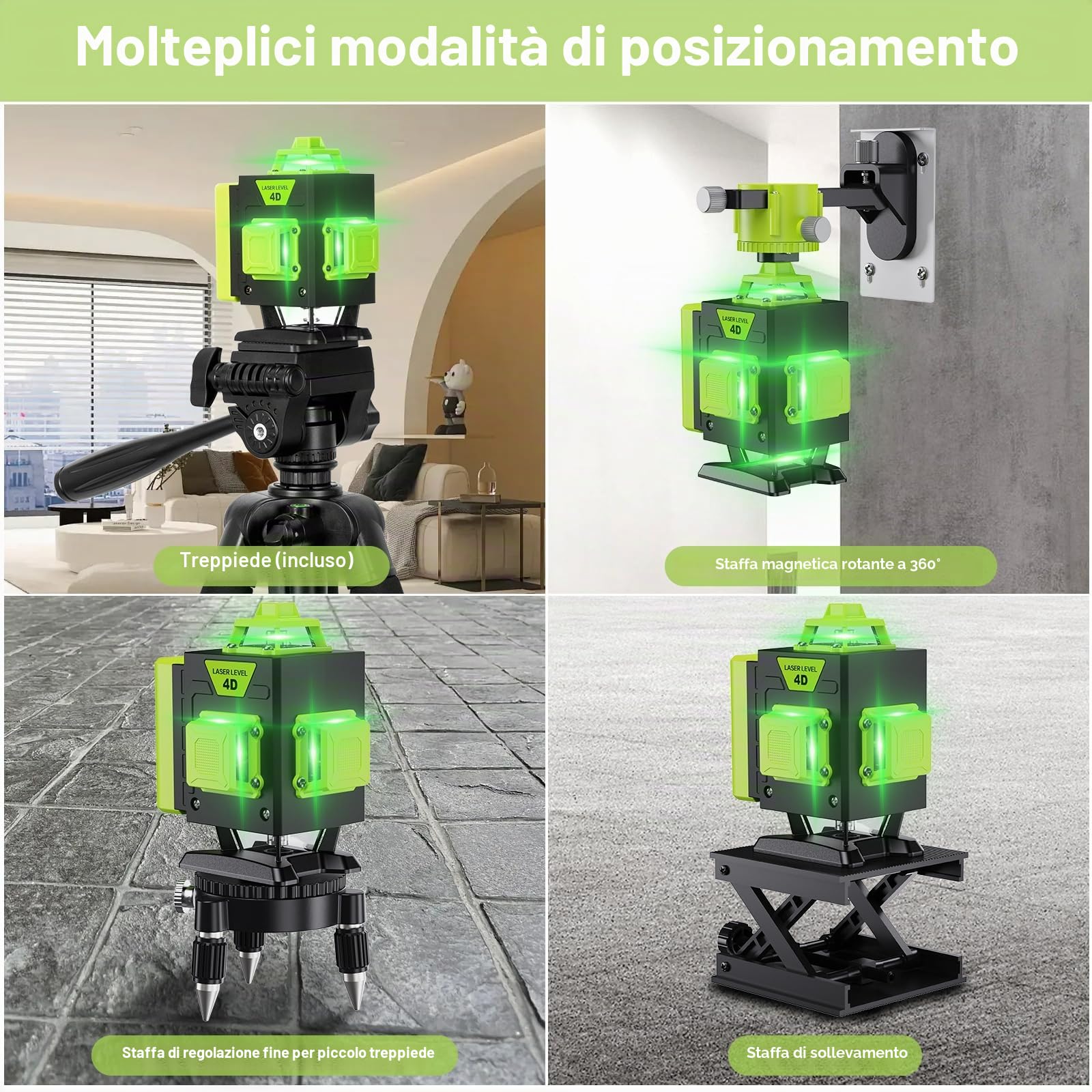 Livella Laser Autolivellante 16 Linee, 4 X 360 °Livello Laser Autolivellante Verde, 2 x Batterie, Autolivellante, Supporto Rotante, Telecomando Cabina di Rilevamento (con Treppiede)