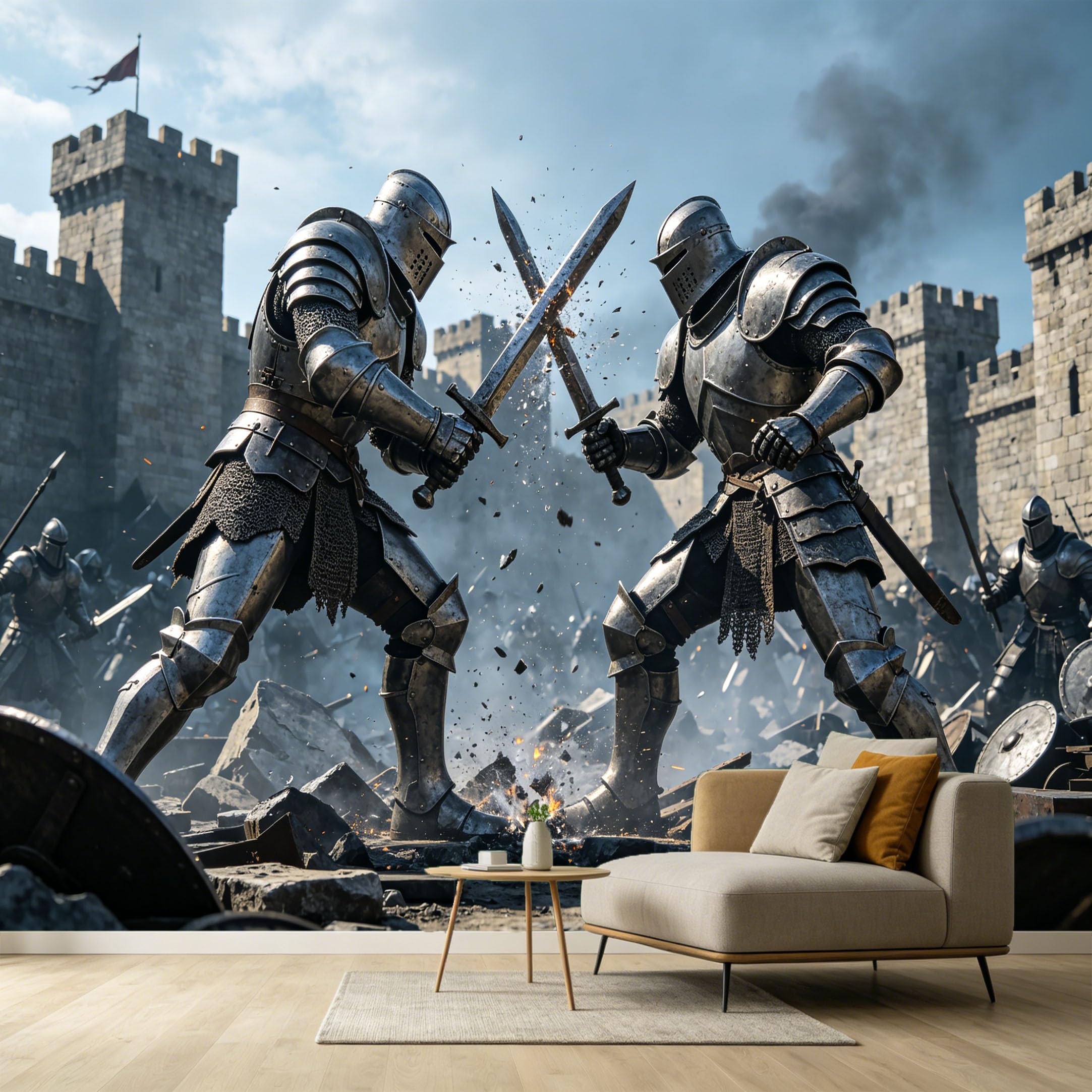 Custom Size Wall Murals Medieval Knights Duel Castle Fortress Historical Warfare 3D Trompe L'Oeil SelfAdhesive Wall Fabric Removable Large Wallpaper for Photo Living Room