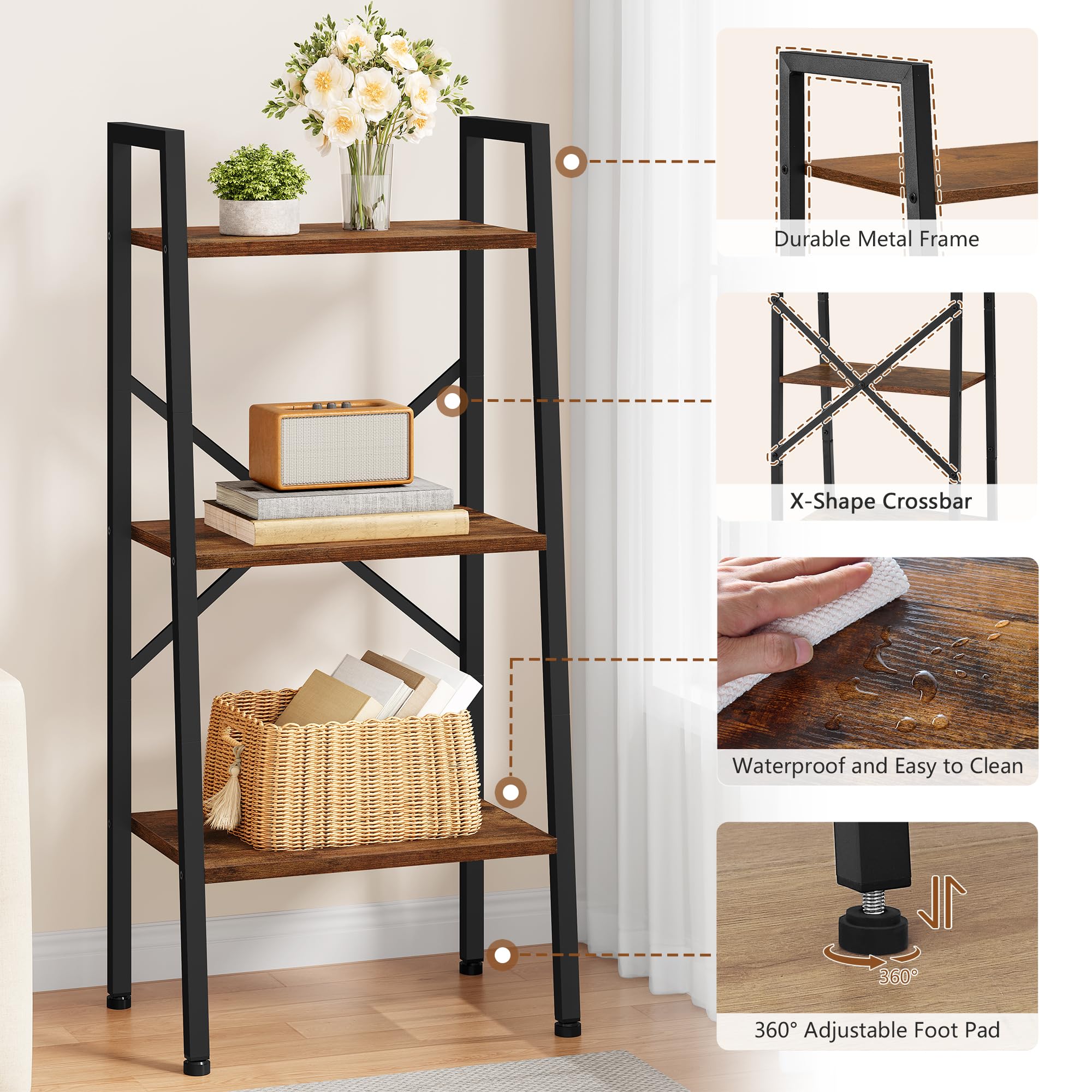 Amazon.com: Hoctieon 3-Tier Industrial Ladder Bookshelf, Narrow