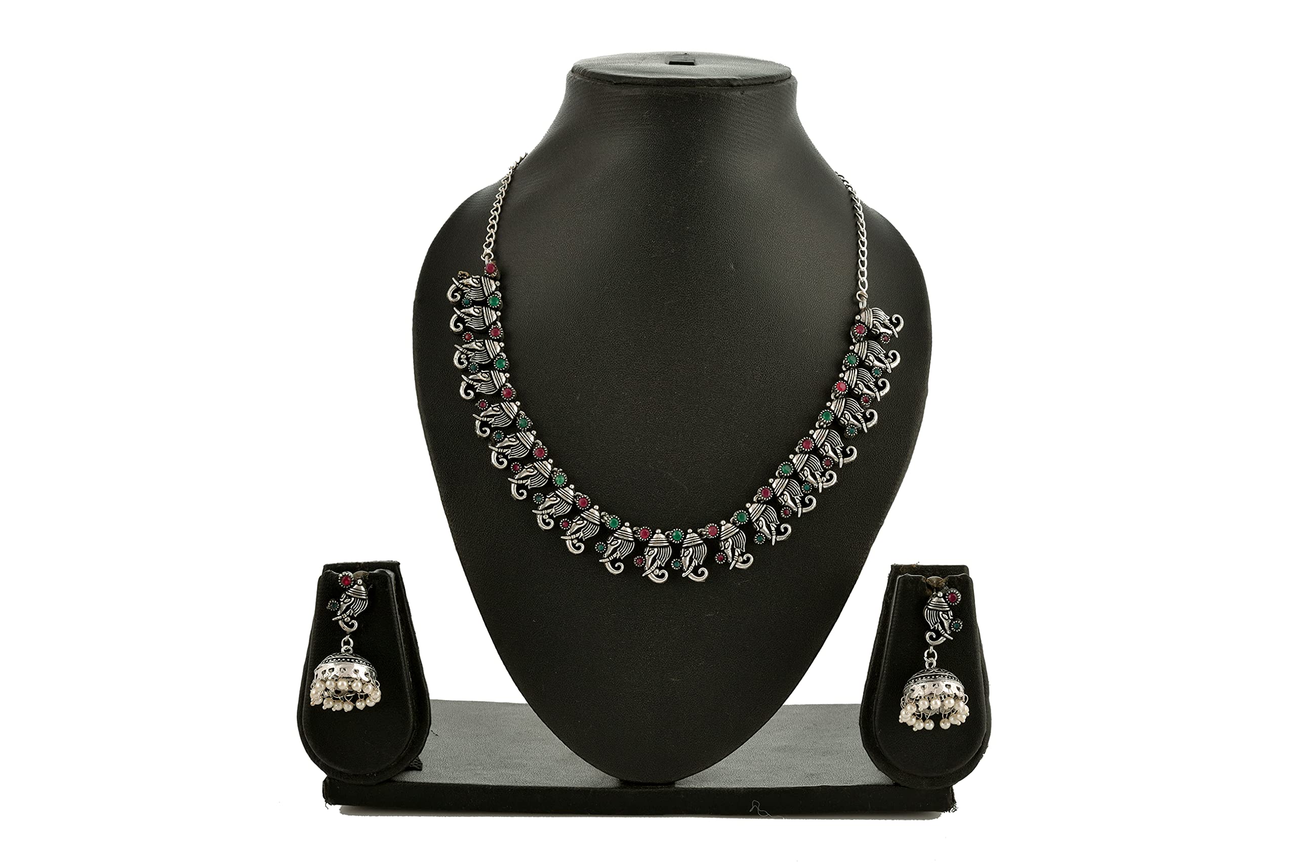 Oxidized Elephant Theme Rakhi Necklace Set Red & Green Stone Earrings
