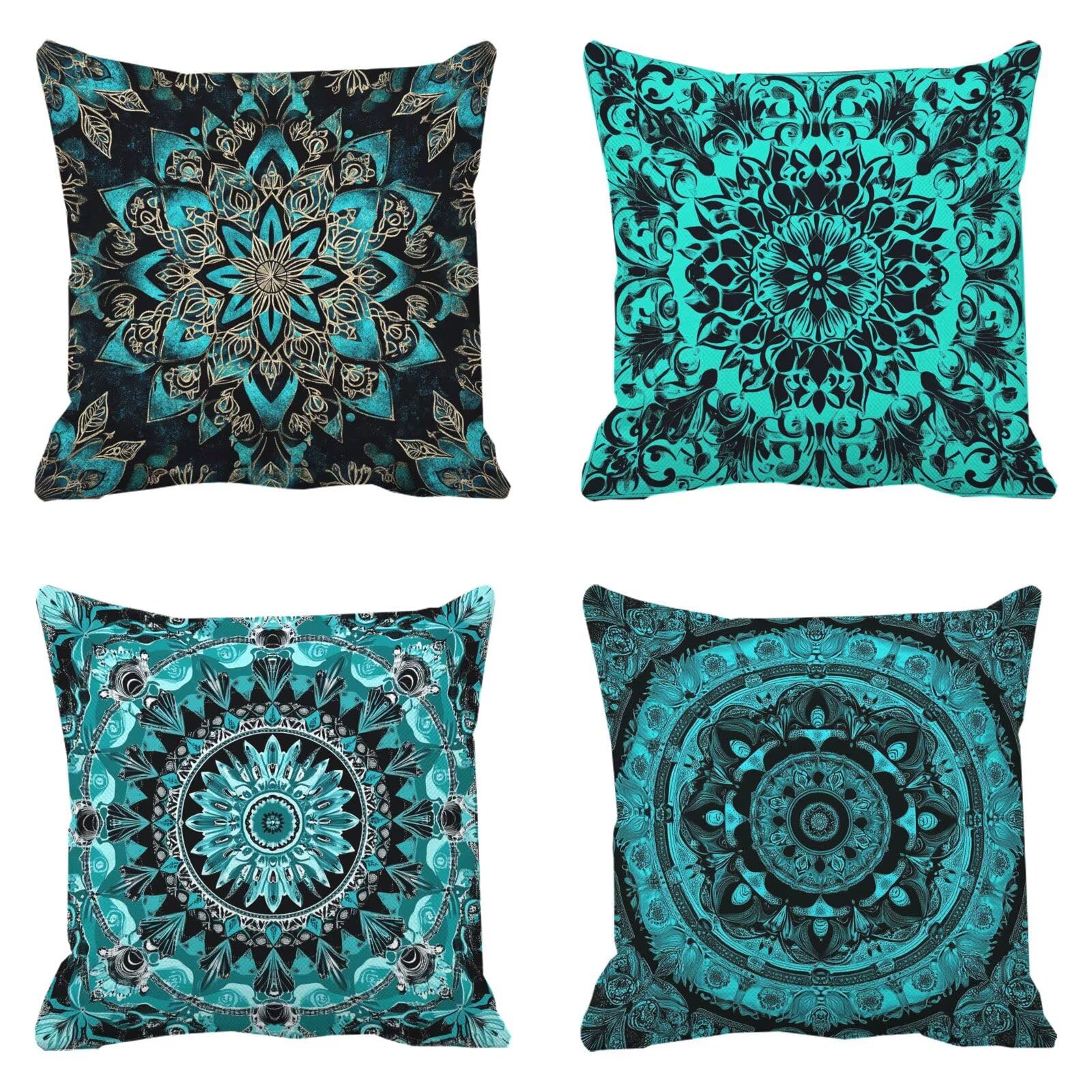 Taie d'oreiller décoratif pour lit et chaise avec motif mandala bleu et lin étanche
