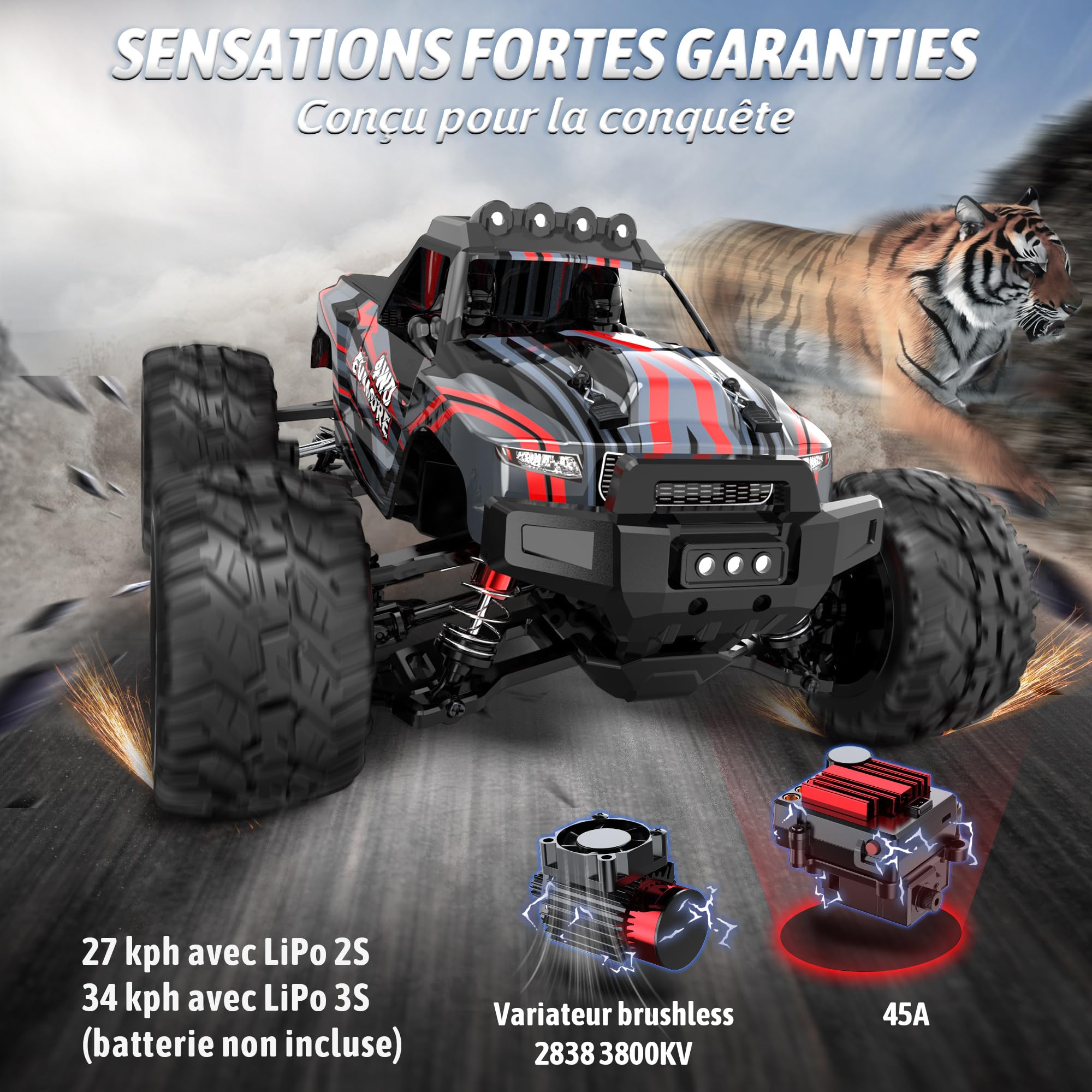 Evmore Voiture Télécommandée 1:16 4WD, 2,4 GHz Voiture RC Haute Vitesse Moteur sans Balais 55 km/h, 4x4 Télécommandée Tout Terrain Étanche Véhicule Électrique RTR Jouets avec 2 Batteries pour 40mins