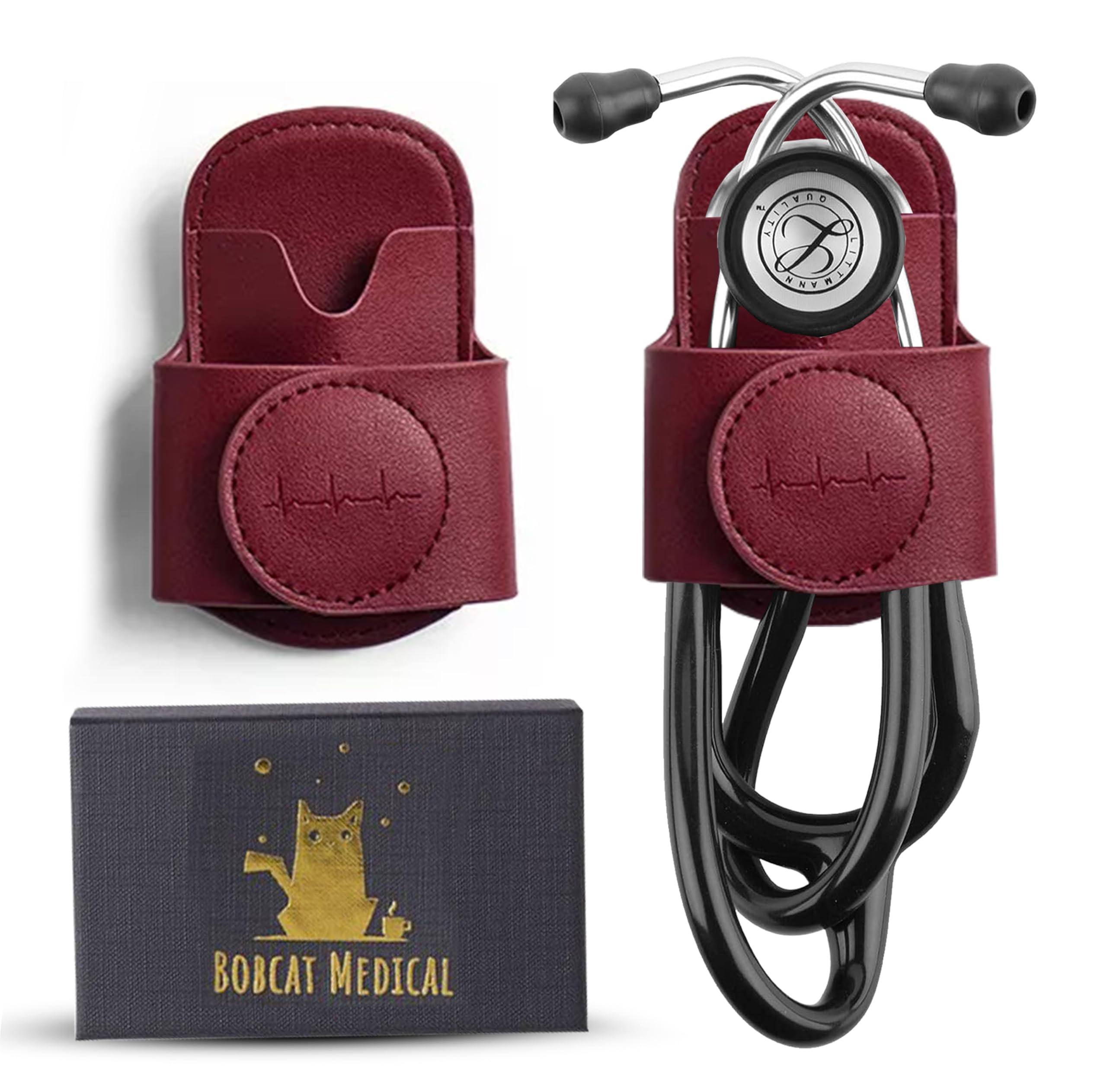 Soporte magnético para estetoscopio con clip para la cadera para estetoscopio 3M Littmann MDF Más funda de estetoscopio de cuero sintético, ideal para enfermeras, médicos, paramédicos, estudiantes de medicina, enfermeras, accesorios para el trabajo, color granate.