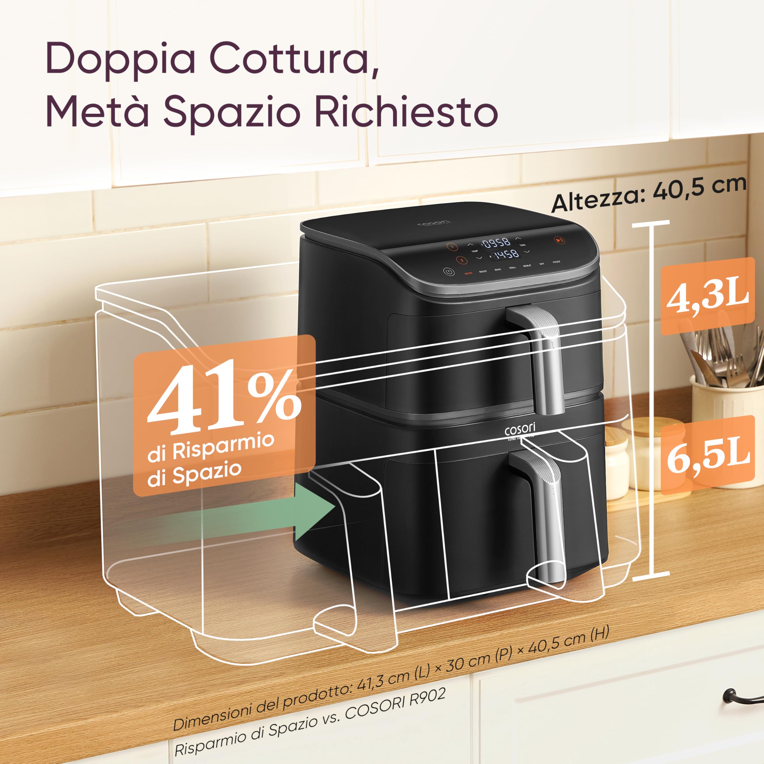 COSORI Turbo Tower Pro Friggitrice ad Aria 10,8L Doppio Cestello, Rivestimento Ceramico No PFAS, Cottura a 3 Livelli con Doppia Resistenza, 2630W, 7 Funzioni, 2 Motori DC, 50+ Ricette Online, DC112