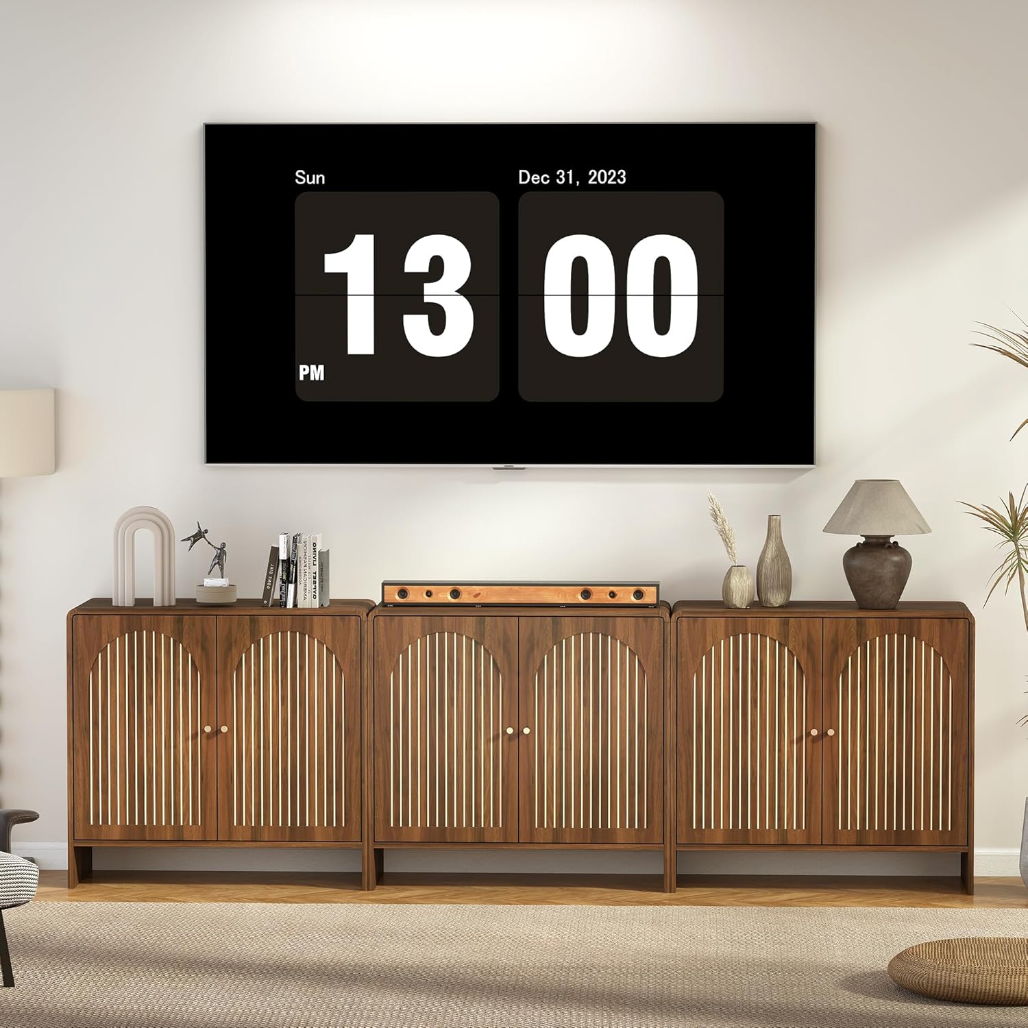 Mid-Century 31.5" Buffet Cabinet, Arched Striped Pattern Storage Cabinet with Door, Farmhouse Sideboard for Livng Room, Kitchen, Coffee Coner (2 Doors, Walnut) - Image 9