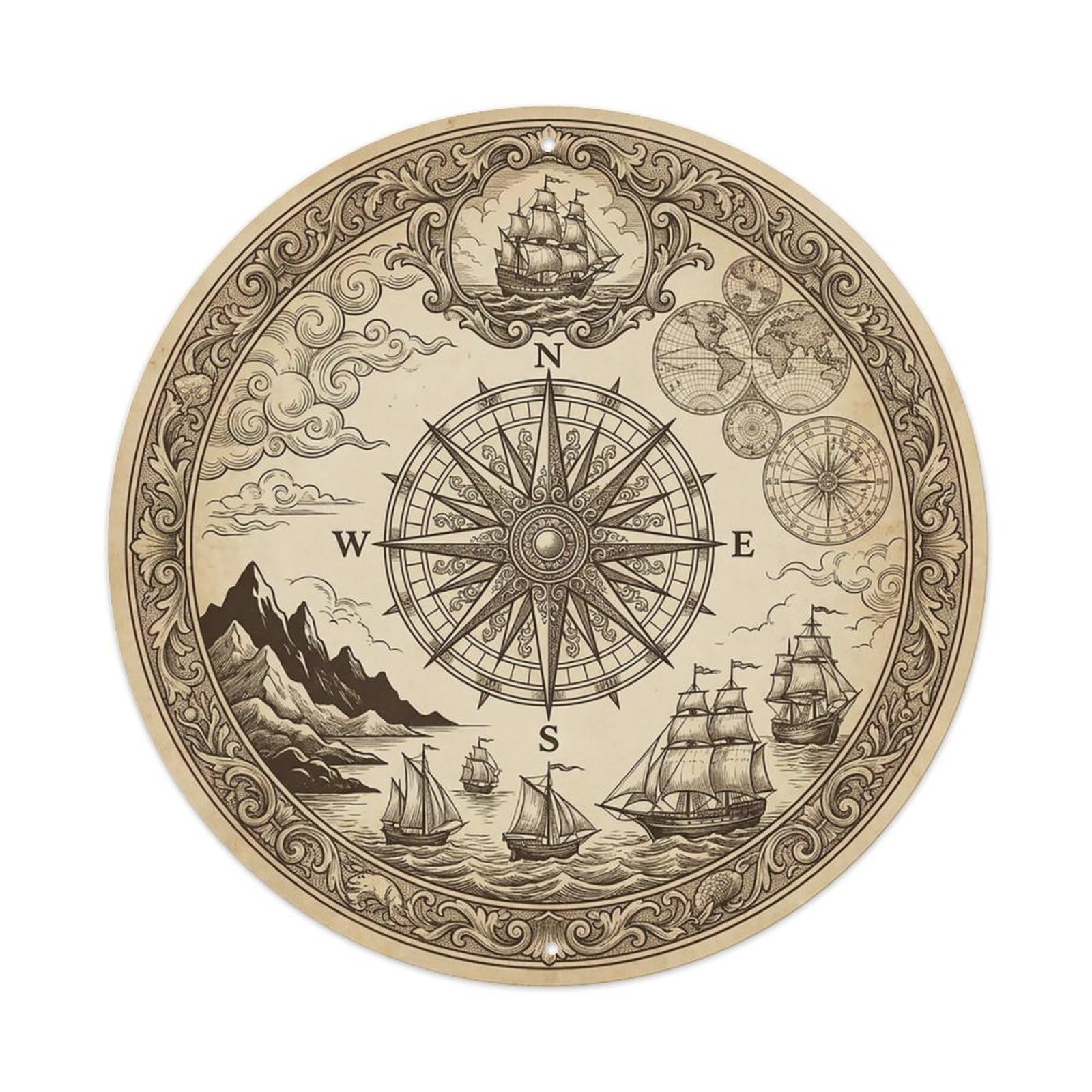 Vintage Nautical Compass World Map Ocean Adventure Metal Tin Sign