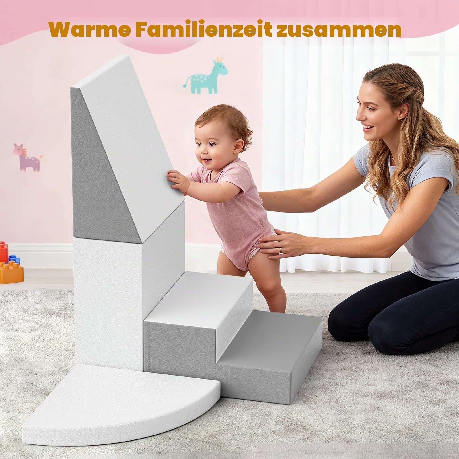 4-teilige Schaumstoff Kletterbausteine Grau-Weiß, Kombinierbare Softbausteine mit Klettverschluss, Pädagogisches Spielzeug für Kleinkinder Indoor & Kindergarten