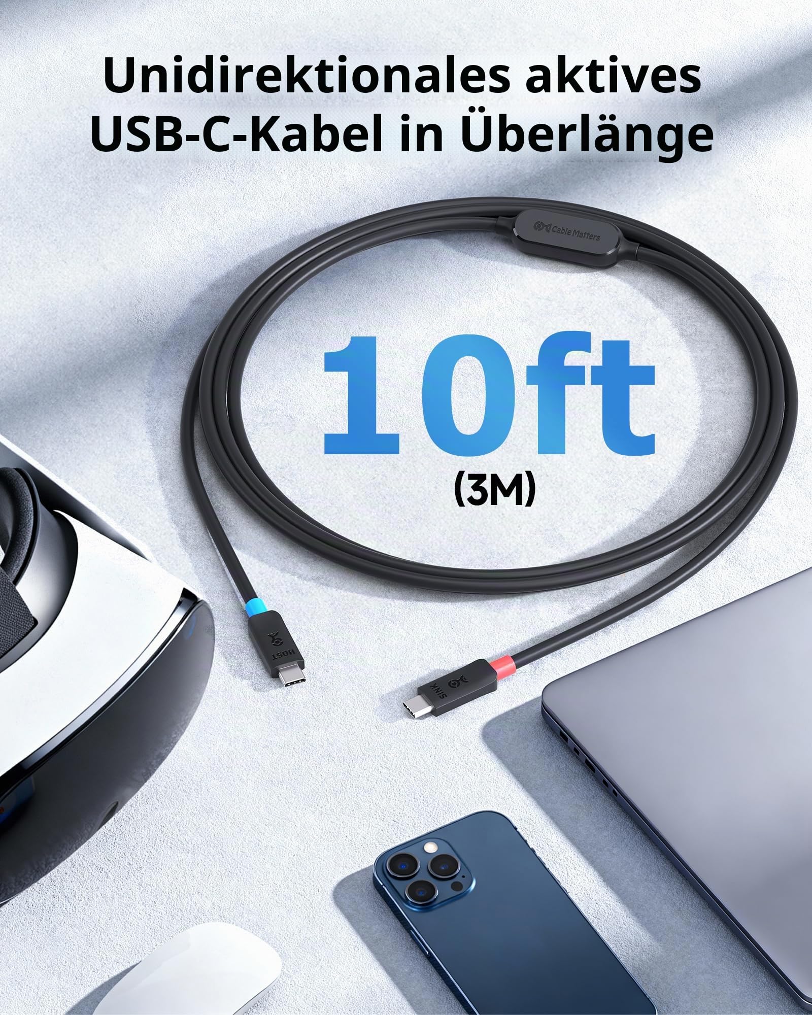 Cable Matters aktives USB C Monitor Kabel mit 8K, 10Gbps Daten und 60W, 3m | USB C Video Kabel, Daten und PD für tragbare Monitor, Oculus Quest/Oculus Quest 2 VR Brille und mehr