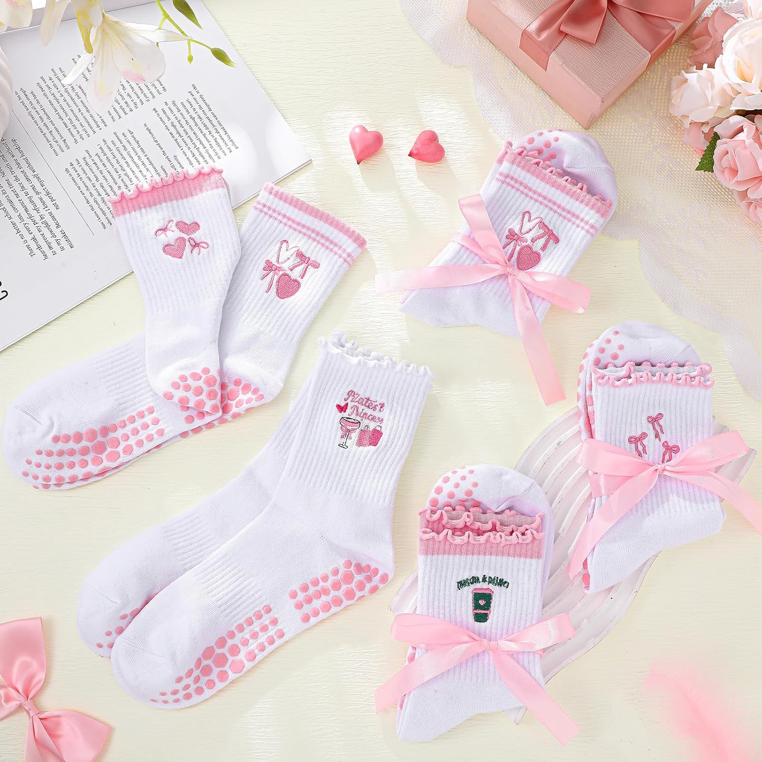 5 Pairs Cute Pilates Socks with Grip for Women Cotton Non Skid Coquette Bow Cherry Ruffle Yoga Crew Workout Socks - Image 3