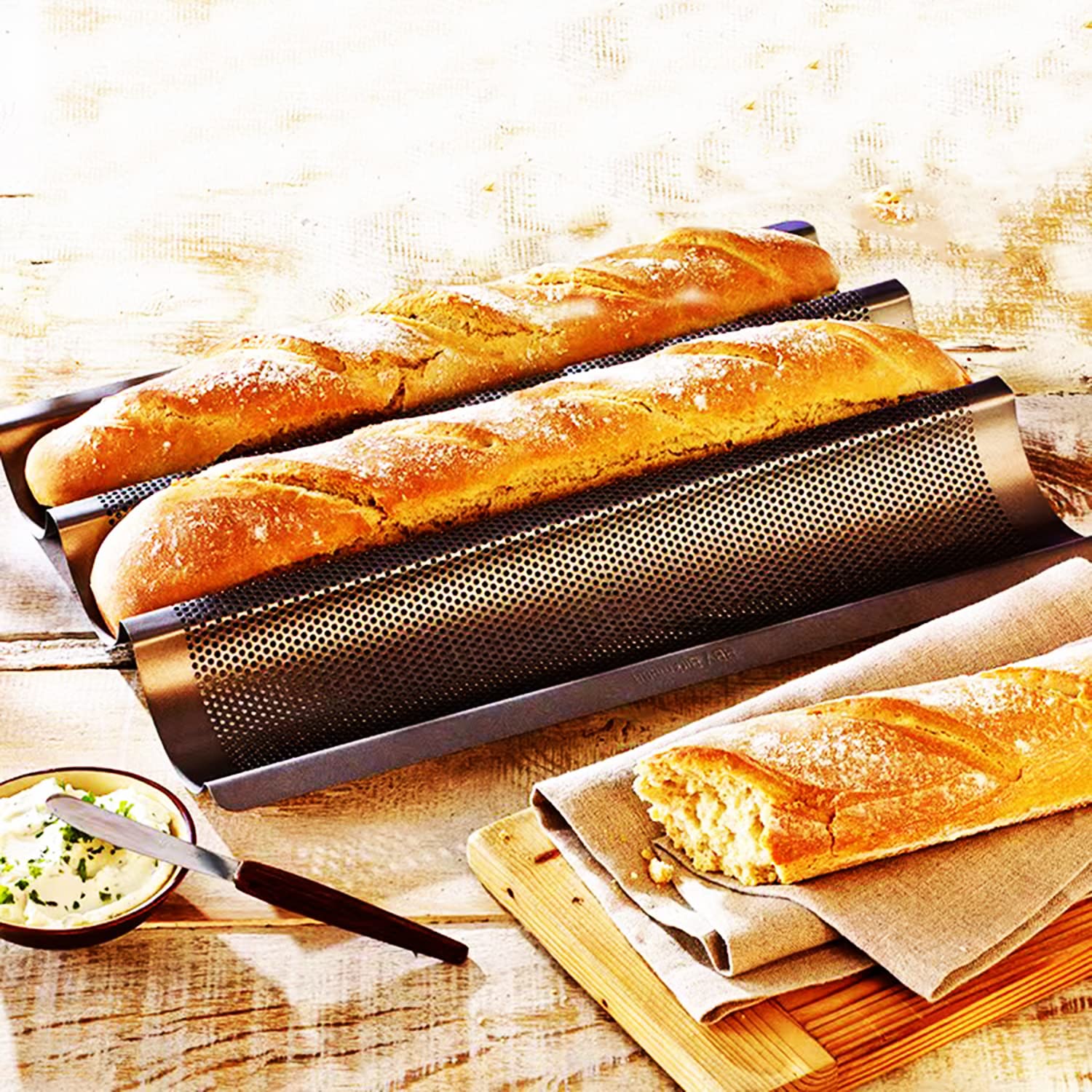 Vassoio per baguette, antiaderente, per pane francese, in acciaio al carbonio, forato, stampo da forno per baguette (nero)
