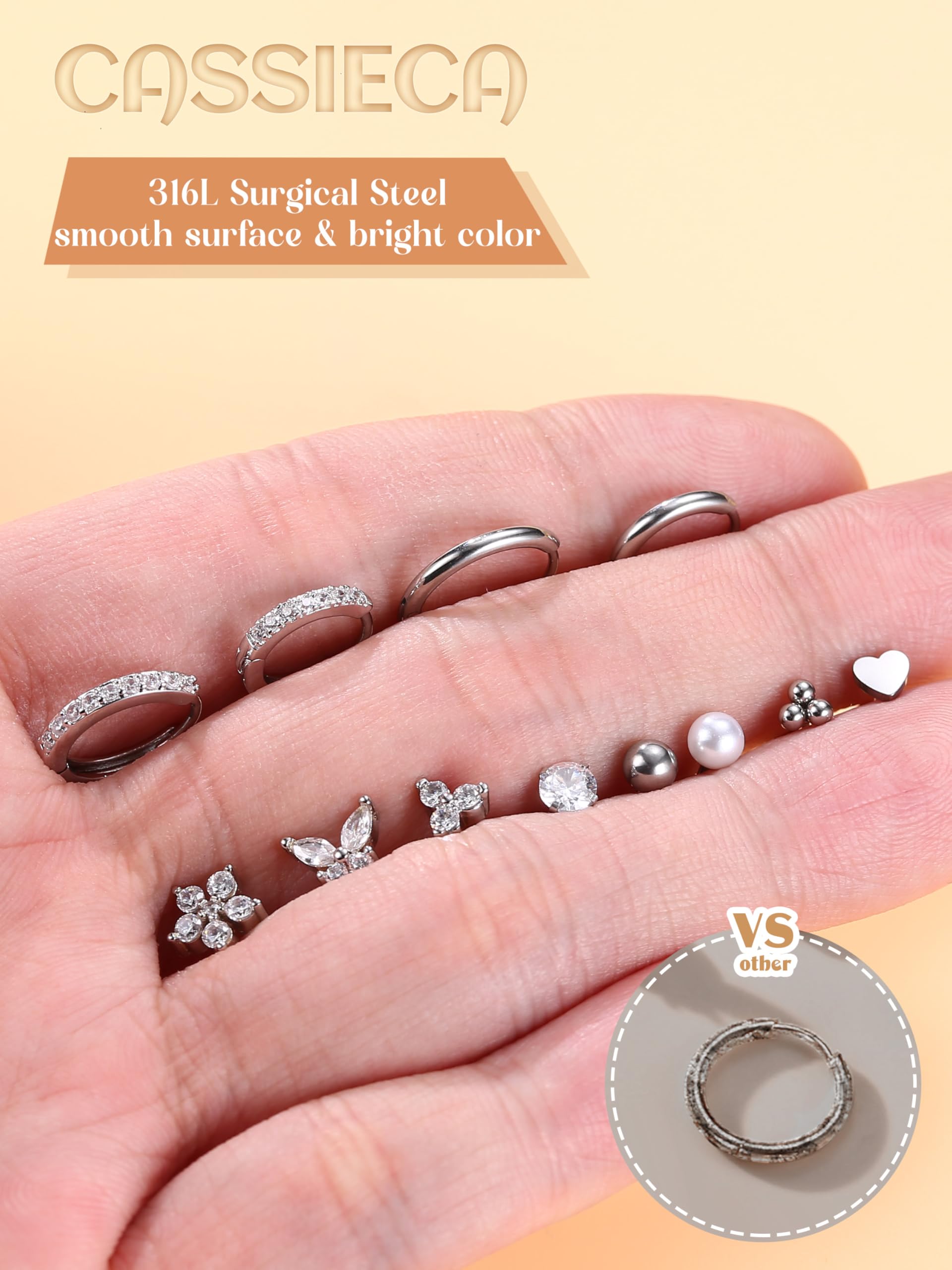 CASSIECA 12 Paia Orecchini Donna Orecchini Acciaio Chirurgico Piercing Orecchio a Cerchio Argento Piercing Helix Trago Conch Piercings Ipoallergenica Multi Piercings Orecchio