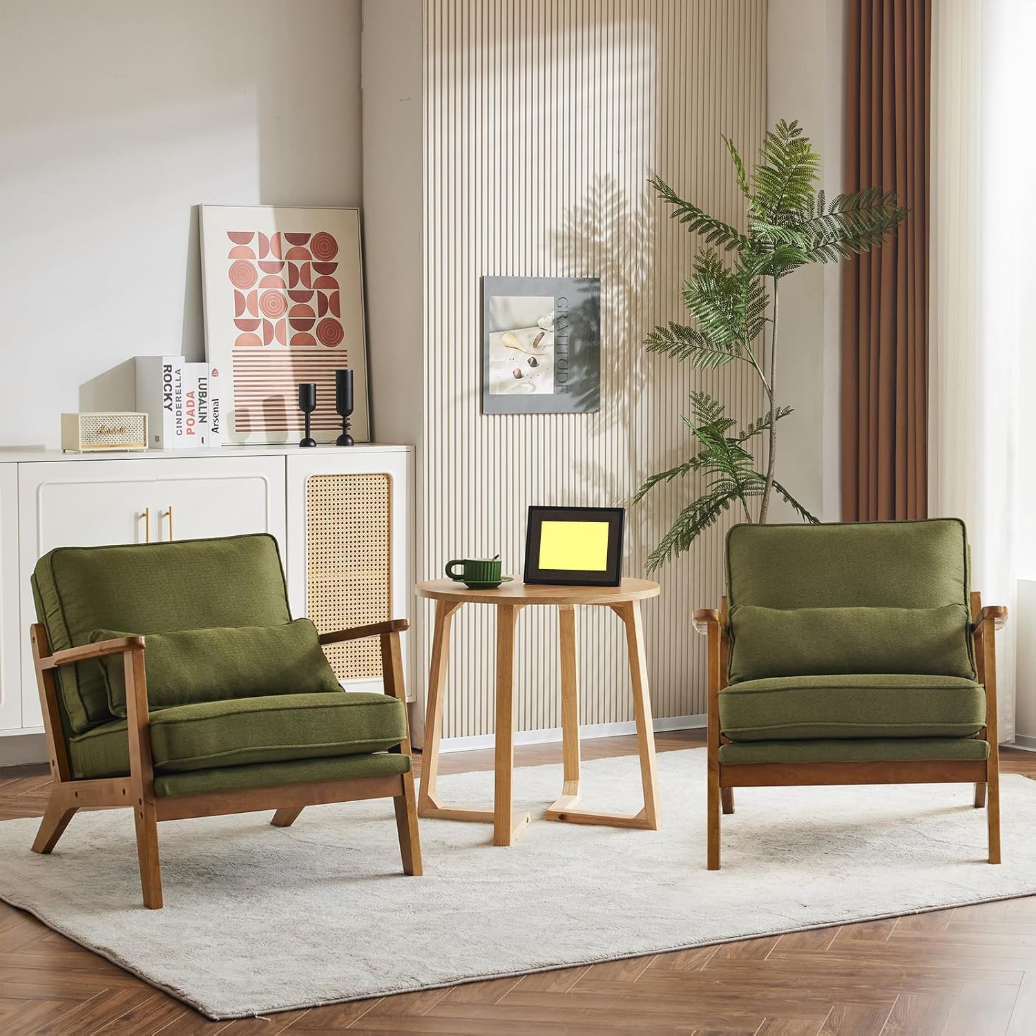 Solid Wood Accent Chair | Mid Century Modern Wooden Lounge Chair with Cushioned Seat & Back | Upholstered Single Sofa Armchair for Bedroom, Reading Corner & Office-image-35