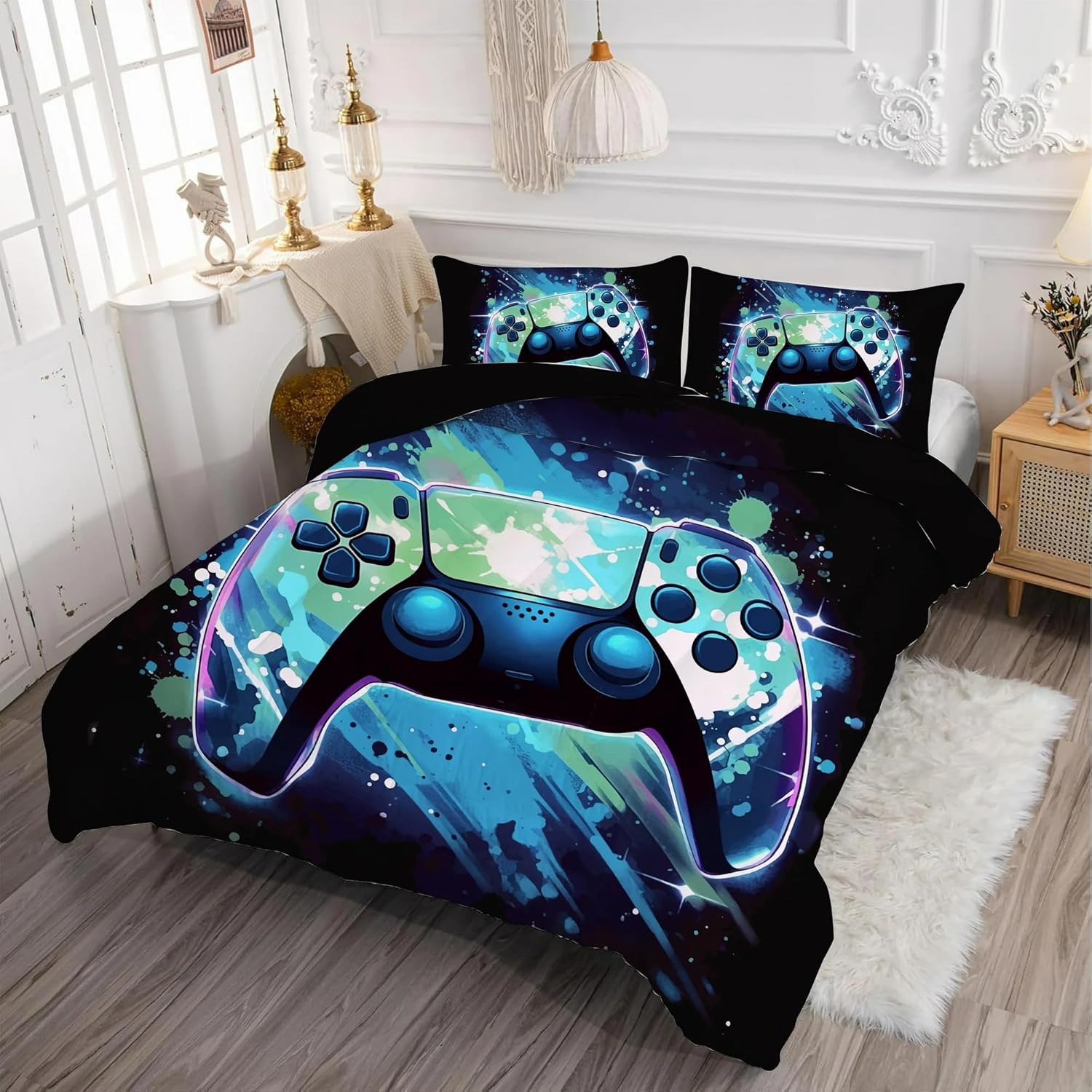Gaming Comforter Set Queen Size for Boys Kids Teens Game Video Gamer Quilt Set Bedroom Decor Gamepad Bedding Set Blue 5 Pieces Bed in a Bag