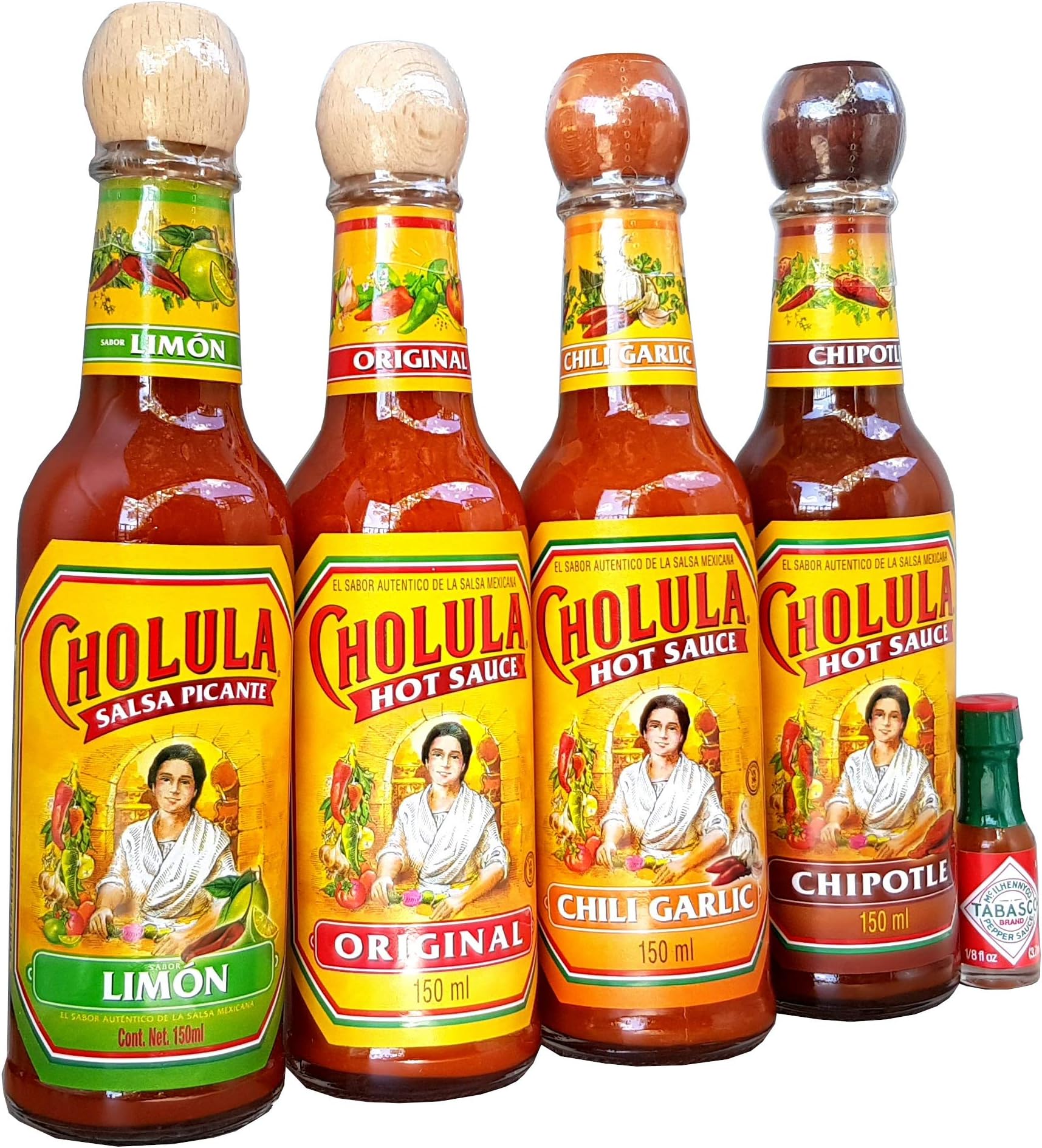 Cholula Lime, Cholula Hot Sauce Original, Cholula Garlic Sauce, Cholula Chipotle Sauce and MiniTabasco
