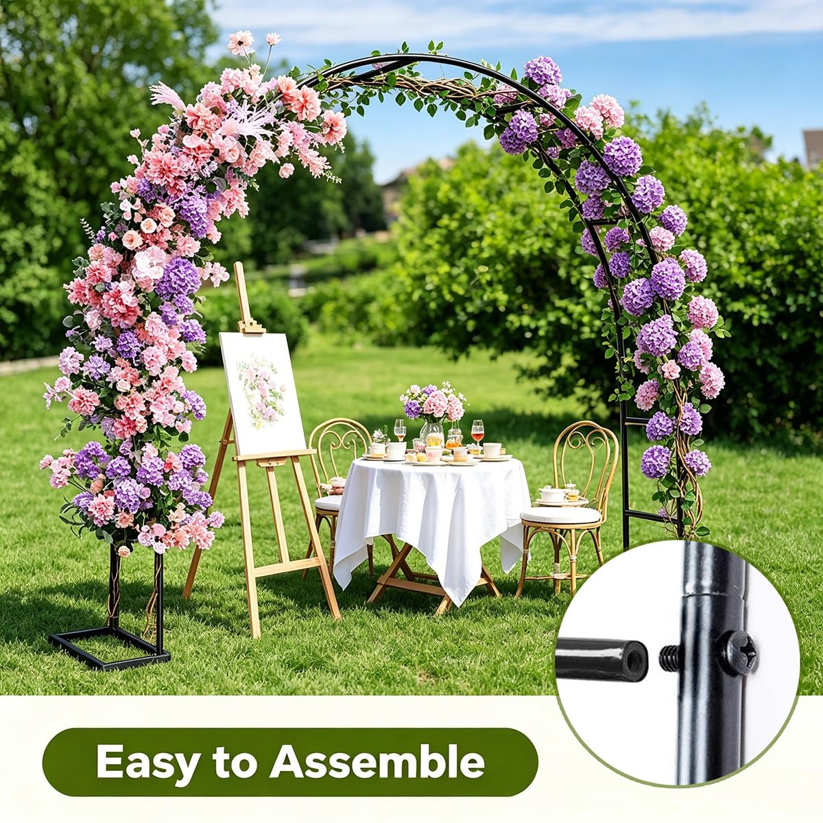 Zewnętrzny łuk ogrodowy krata do roślin pnących, wodoodporna pergola na róże i dekoracje ślubne, zdejmowana podstawa 240 cm wysokości x 240 cm szerokości (czarna)
