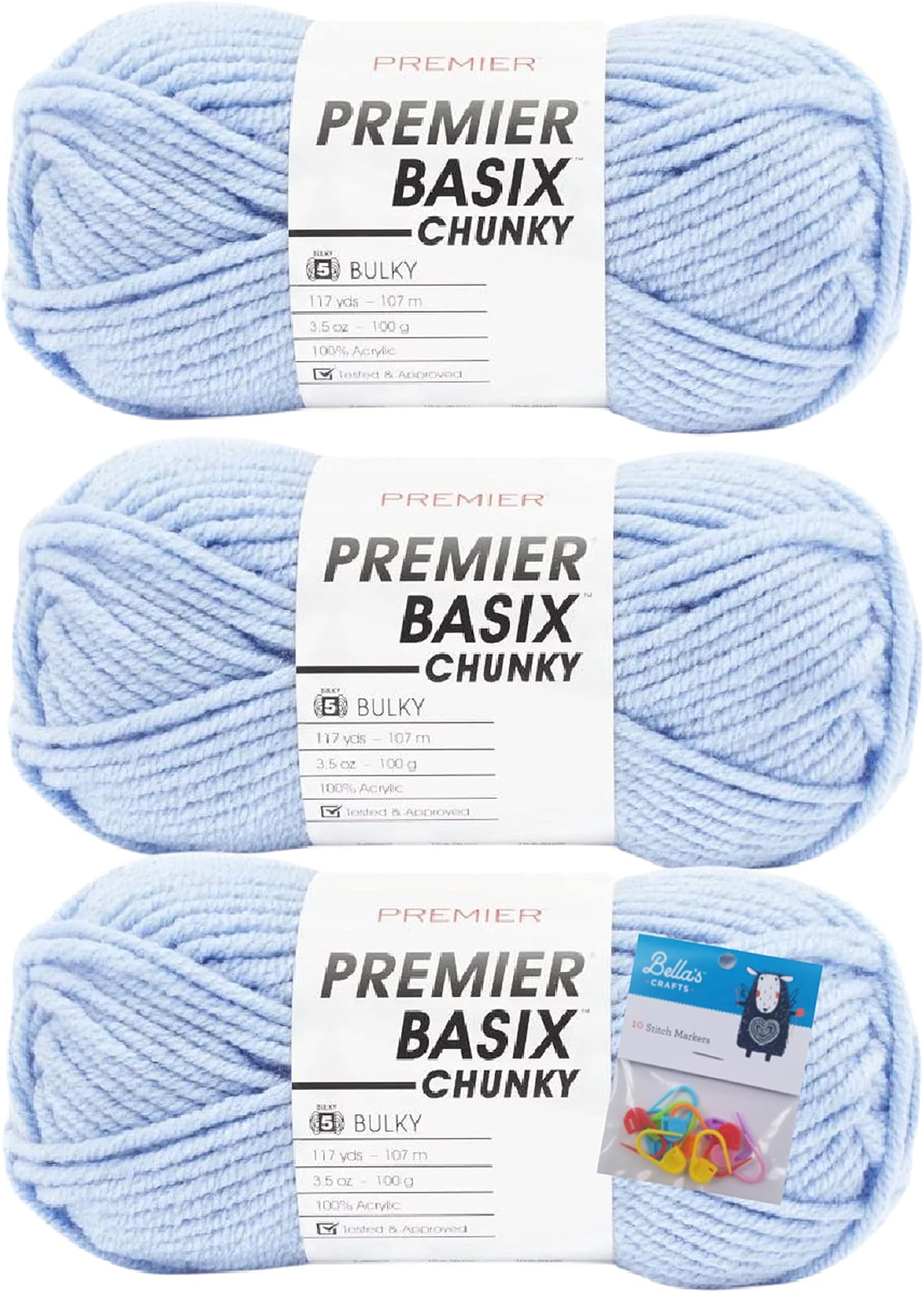 Bella's CraftsPremier Yarns Basix Chunky Yarn - 3.5 Oz - #5 Bulky Weight - Bundle with Stitch Markers (Country Blue)