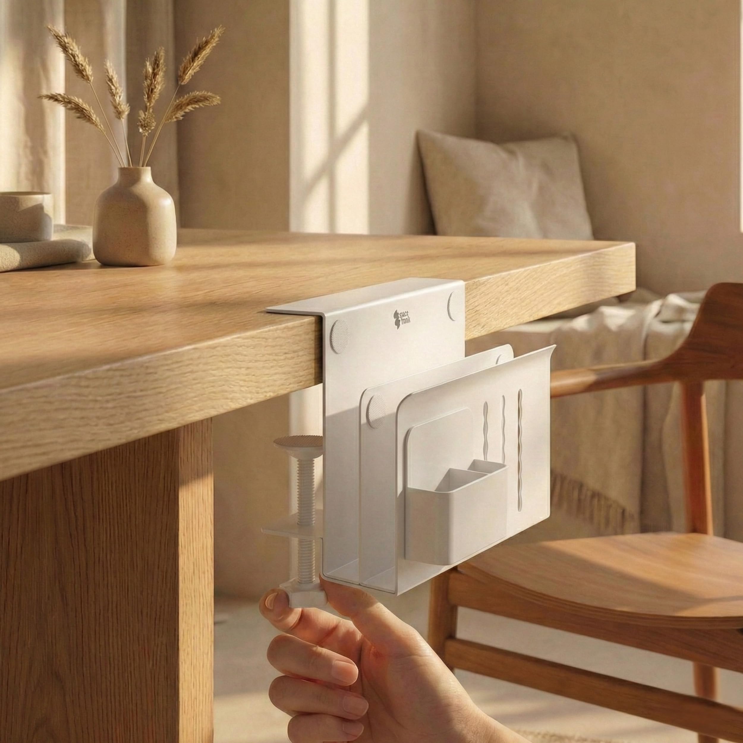 Spacetronik Schreibtisch Seitenaufbewahrung, Desk Side Storage mit Klemme | Ohne Bohren, Laptop Halterung Schreibtisch Seitlich Doppelfach aus Stahl mit Stiftehalter, Weiß, 30x30cm