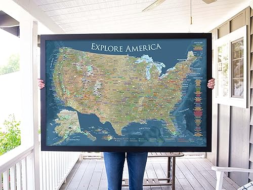 Miniatura 6 de GEOJANGO National Parks Push Pin Map with Terrain, USA Interstates, All NPS Sites, Landmarks, Highest Peak by State - Voyager Edition - Framed Map,